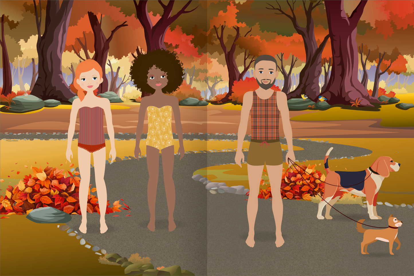 Gezeigt wird eine Innen- oder Zusatzansicht von „Sticker-Anziehpuppen Metallic – Im Herbst“. Die Illustration zeigt drei Figuren unterschiedlicher Hautfarbe in Herbstkleidung auf einem gewundenen Weg, umgeben von bunten, herbstlichen Bäumen und Laub. Die Farbpalette umfasst warme Rottöne, Gelb und Braun. Ein Beagle und ein kleinerer Hund sind ebenfalls abgebildet und verleihen der Szene einen lebendigen Charakter.