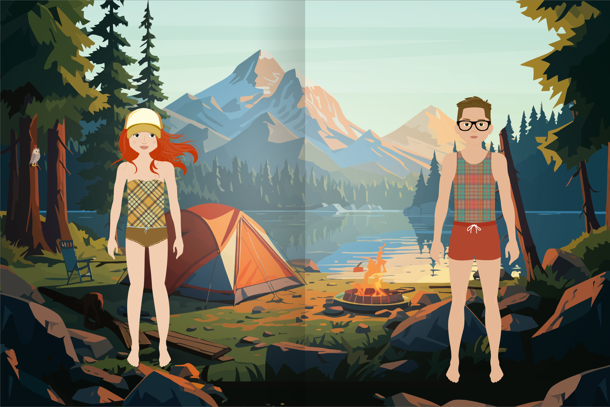 Gezeigt wird eine Innen- oder Zusatzansicht von „Sticker-Anziehpuppen Metallic – Im Herbst“. Die Illustration zeigt zwei Kinderfiguren in Unterwäsche, umgeben von einer Berglandschaft und einem Bergsee. Im Hintergrund ist ein Zelt, ein Stuhl und ein Lagerfeuer vor dem See zu sehen. Grüne Tannen umarahmen die Szenerie.