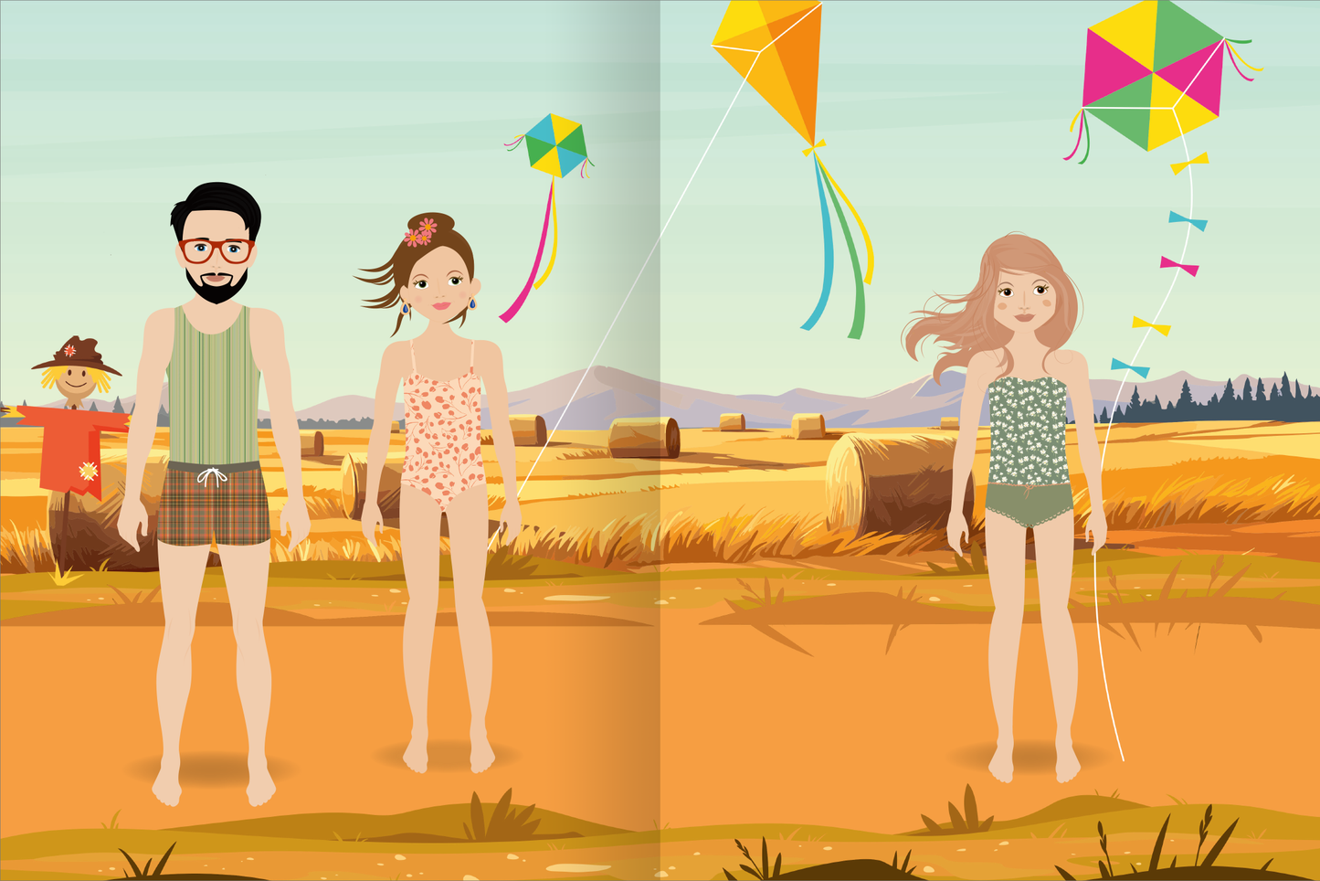 Gezeigt wird eine Innen- oder Zusatzansicht von „Sticker-Anziehpuppen Metallic – Im Herbst“. Die Illustration zeigt drei Anziehpuppen. Im Hintergrund sind Kiefernwälder, ein Strohfeld und bunte Drachen im Himmel zu sehen, welche an Leinen von zwei der Figuren gehalten werden. Die Farbpalette umfasst warme Gelbtöne, sanftes Grün und Blau.