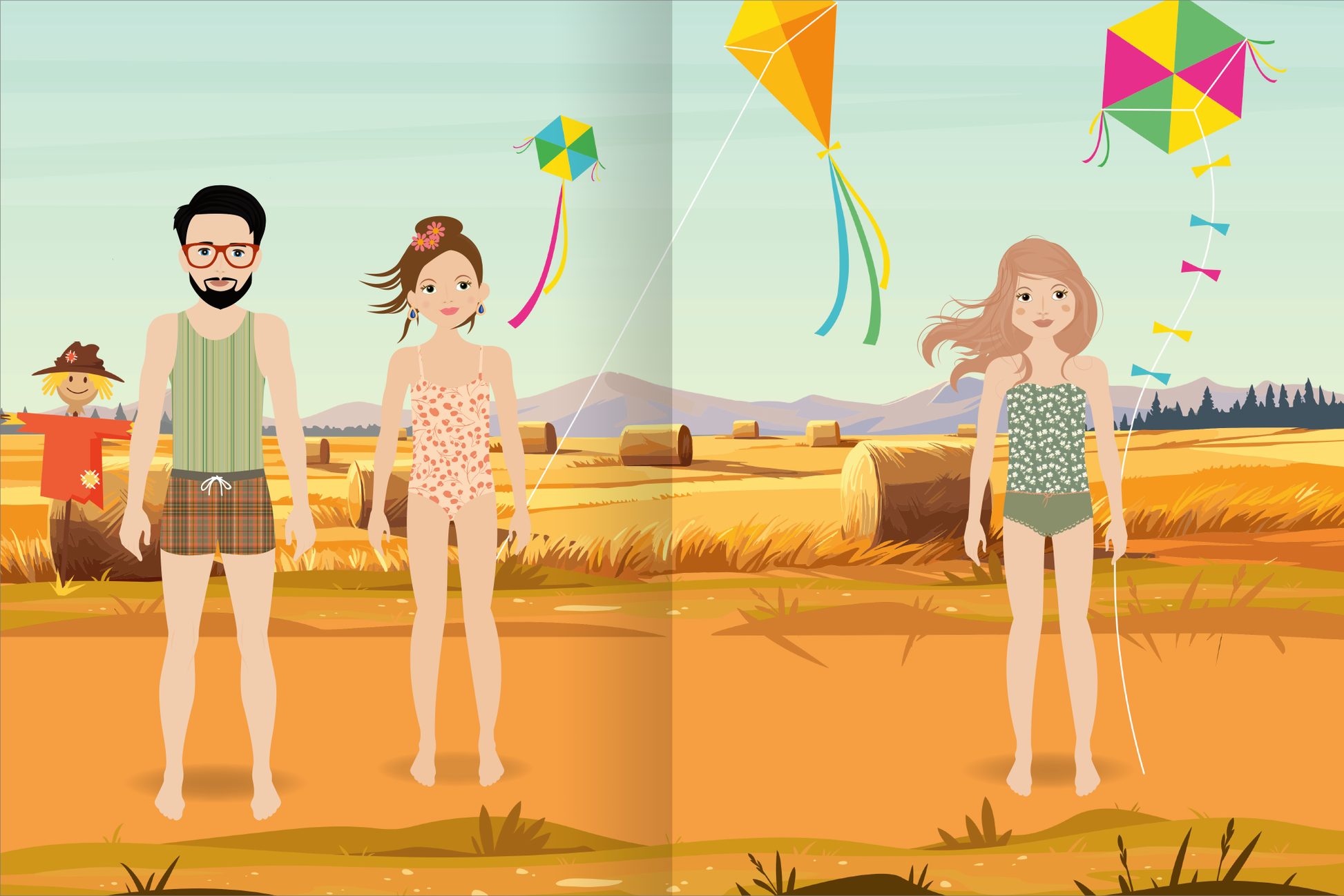 Gezeigt wird eine Innen- oder Zusatzansicht von „Sticker-Anziehpuppen Metallic – Im Herbst“. Die Illustration zeigt drei Anziehpuppen. Im Hintergrund sind Kiefernwälder, ein Strohfeld und bunte Drachen im Himmel zu sehen, welche an Leinen von zwei der Figuren gehalten werden. Die Farbpalette umfasst warme Gelbtöne, sanftes Grün und Blau.