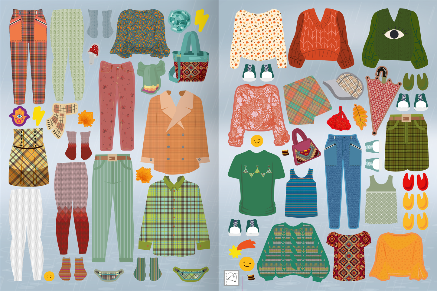 Gezeigt wird eine Innen- oder Zusatzansicht von „Sticker-Anziehpuppen Metallic – Im Herbst“. Die Illustration enthält eine Vielzahl von herbstlichen Kleidungsstücken und Accessoires, darunter Pullover, gemusterte Hosen und warme Jacken in Farben wie Orange, Grün, Braun und Rot.