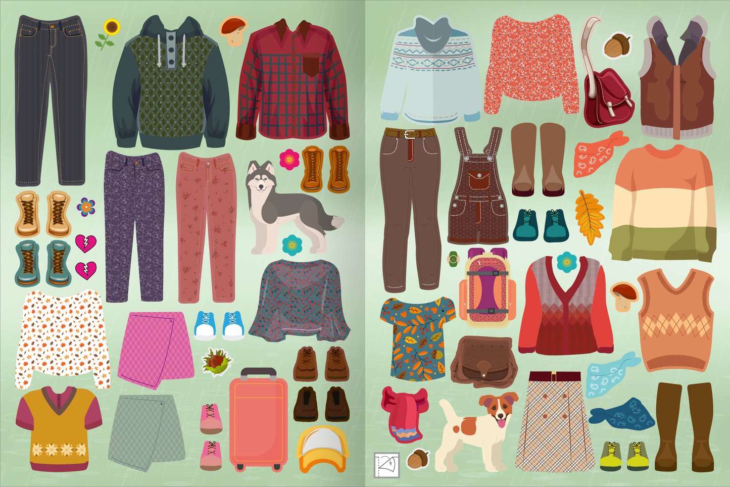 Gezeigt wird eine Innen- oder Zusatzansicht von „Sticker-Anziehpuppen Metallic – Im Herbst“. Die Illustration enthält eine Vielzahl von herbstlichen Kleidungsstücken und Accessoires, darunter Pullover, gemusterte Hosen und warme Jacken in Farben wie Orange, Grün, Braun und Rot.