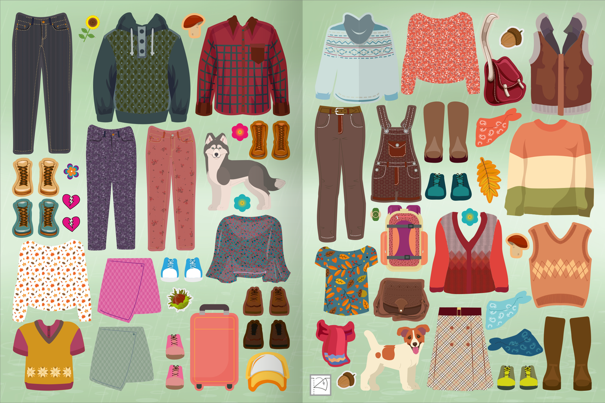 Gezeigt wird eine Innen- oder Zusatzansicht von „Sticker-Anziehpuppen Metallic – Im Herbst“. Die Illustration enthält eine Vielzahl von herbstlichen Kleidungsstücken und Accessoires, darunter Pullover, gemusterte Hosen und warme Jacken in Farben wie Orange, Grün, Braun und Rot.