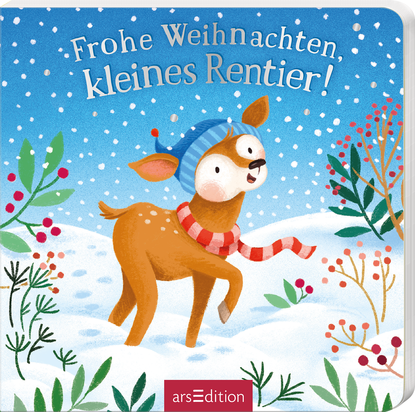 Das Buchcover zeigt ein fröhliches Rentier mit blauer Mütze und rotem Schal, das durch Schneeflocken in einer winterlichen Landschaft springt. Die sanften Farben Blau, Weiß und Braun verleihen der Szene eine festliche, warme Atmosphäre. Über dem Rentier steht der Titel „Frohe Weihnachten, kleines Rentier!“ in verspielter, weißer Schrift. In der unteren rechten Ecke befindet sich ein SPIEGEL-Bestseller-Button mit dem entsprechenden Text. Ganz unten mittig steht der Logoschriftzug von...