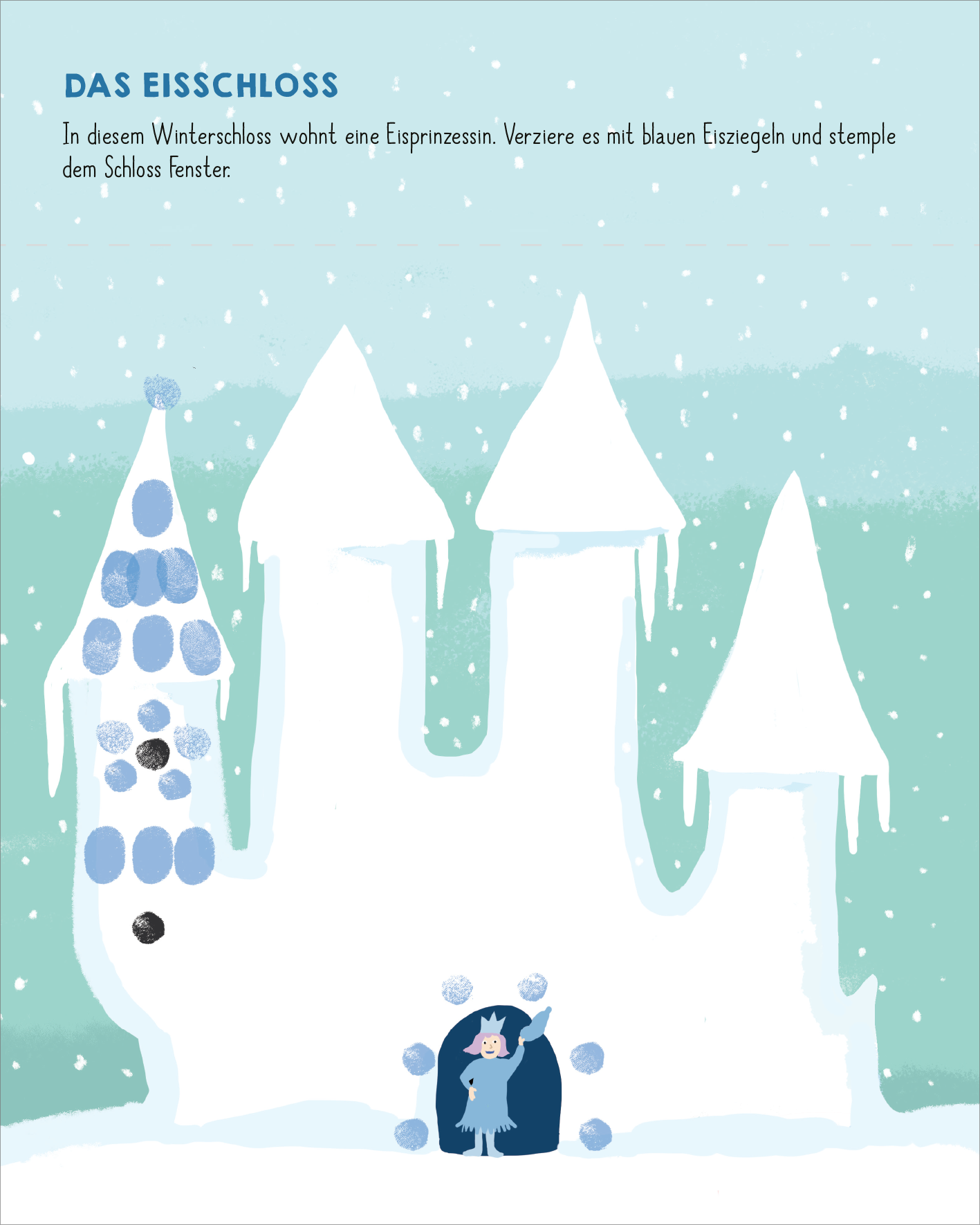 Gezeigt wird eine Innen- oder Zusatzansicht von „Meine allerersten Fingerstempel Winterwelt“. Die Illustration zeigt ein eisiges Schloss mit drei spitzen Türmen, das in einem sanften blauen Hintergrund platziert ist. Die Wände des Schlosses sind in einem strahlenden Weiß gehalten, während das Dach mit glitzerndem Eis verziert ist. Vor dem Schloss steht eine kleine Eiskönigin, umgeben von Schneeflocken. Die Schrift ist in einer kindgerechten, gut lesbaren Typografie gestaltet und hebt...