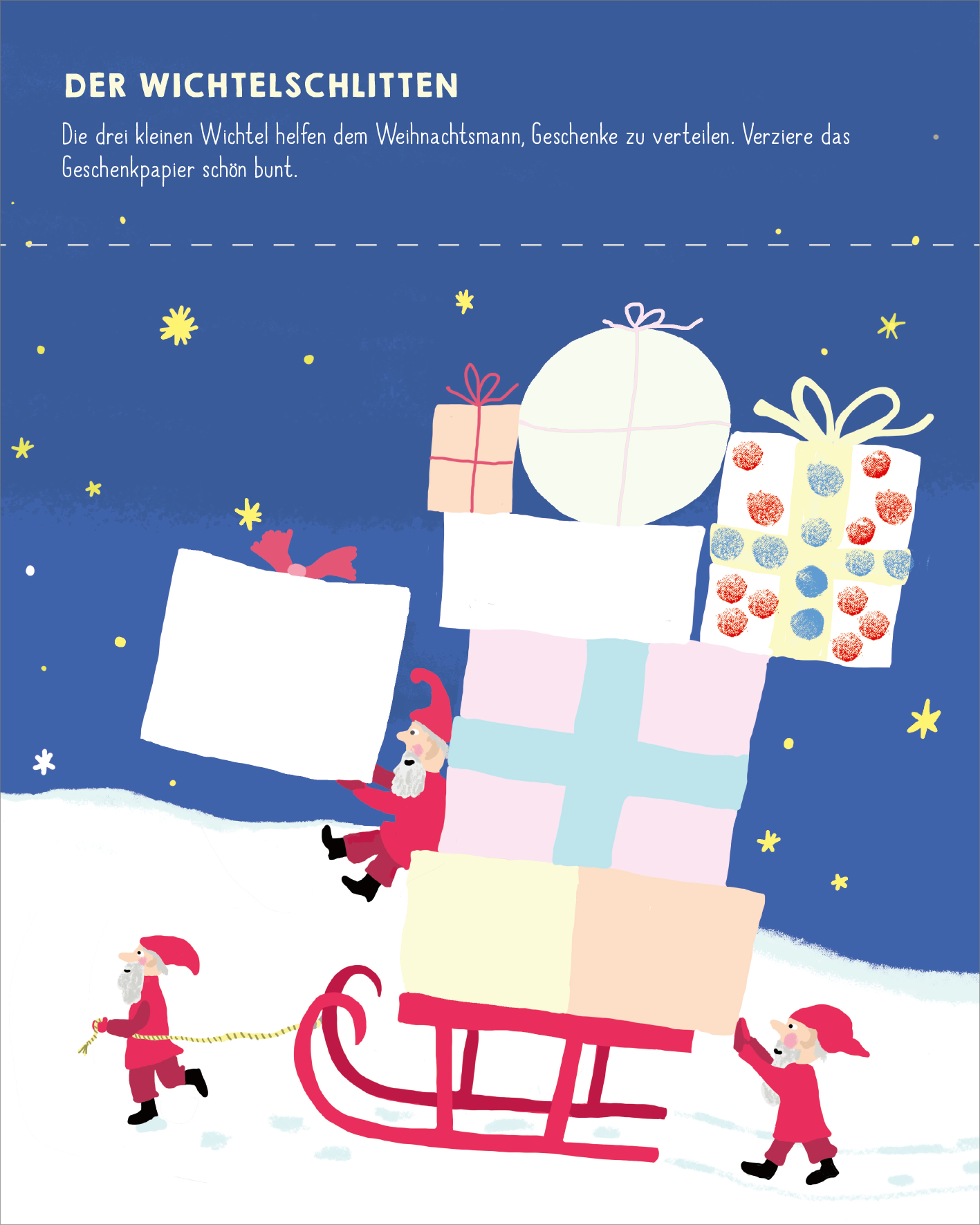 Gezeigt wird eine Innen- oder Zusatzansicht von „Meine allerersten Fingerstempel Winterwelt“. Die Illustration zeigt drei kleine Wichtel, die einem roten Schlitten voller Geschenke helfen, die auf einer schneebedeckten Fläche stehen. Der Himmel ist in einem tiefen Blau gehalten und mit kleinen weißen Sternen verziert. Die Geschenke sind vielfältig und bunt: einige haben Punkte, andere sind mit großen, hellen Schleifen verziert. Die Schrift „DER WICHTELSCHLITTEN“ ist in einer klaren...