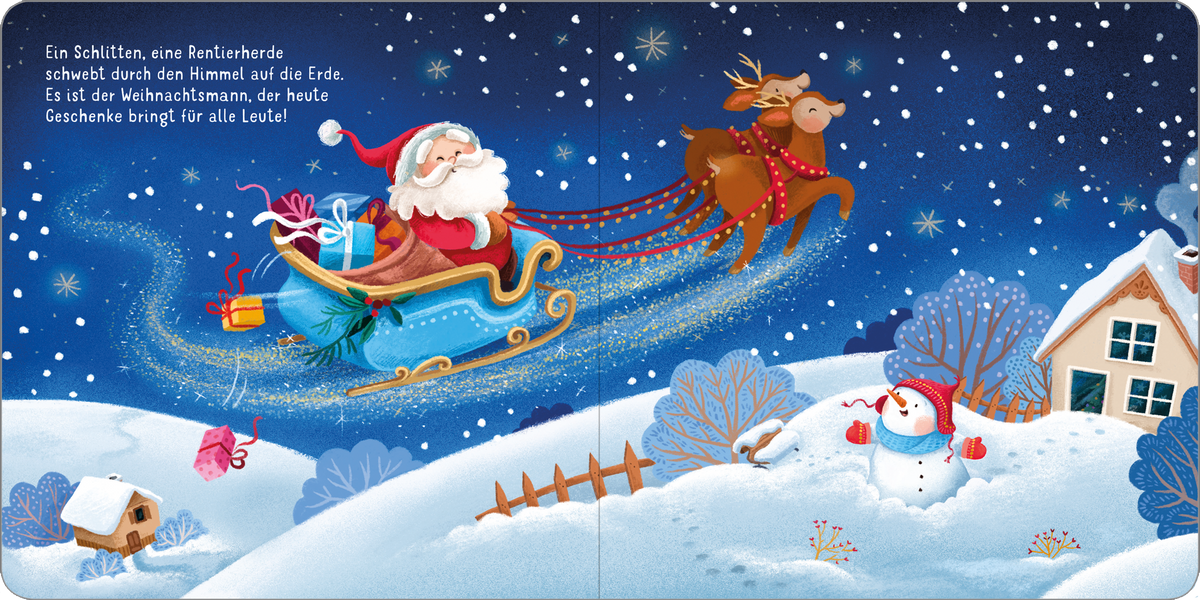 Gezeigt wird eine Innen- oder Zusatzansicht von „Frohe Weihnachten, Schneemann!“. Die Illustration zeigt einen fröhlichen Weihnachtsmann, der in einem bunten Schlitten fährt, gezogen von Rentieren. Der Hintergrund ist in tiefem Blau gehalten, mit funkelnden Sternen und einer verschneiten Landschaft. Ein Schneemann mit einer Karottennase und einem Hut steht im Vordergrund. Die Schrift ist freundlich und gut lesbar, in warmen, festlichen Farben gestaltet.