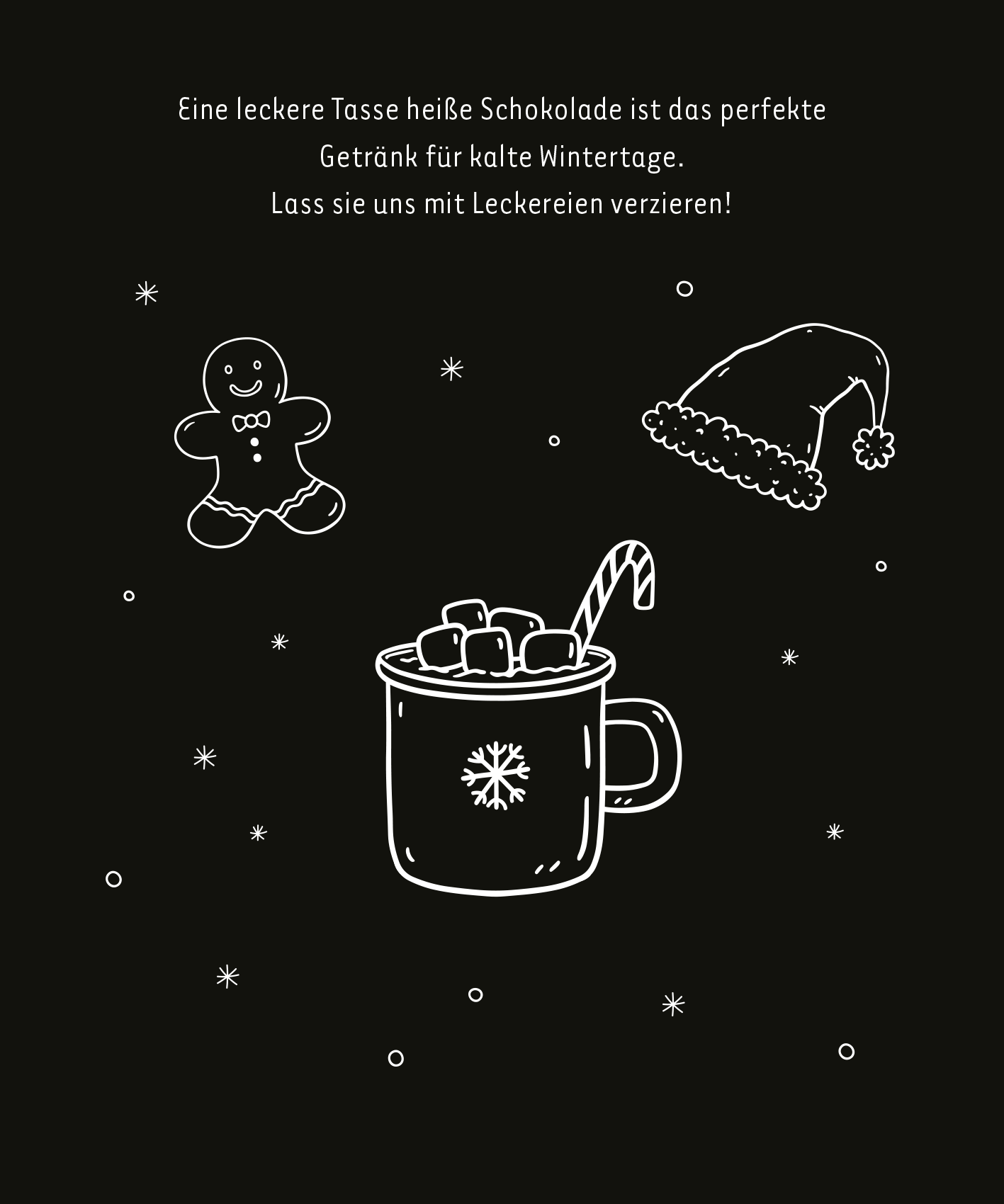 Gezeigt wird eine Innen- oder Zusatzansicht von „Mein leuchtendes Winter-Kritzkratz-Buch“. Die Illustration zeigt eine Tasse heiße Schokolade mit Schaum und einer Zuckerstange, umgeben von kleinen Schneeflocken. Rechts ist ein fröhlicher Lebkuchenmann abgebildet, während oben eine rote Weihnachtsmütze schwebt. Der Hintergrund ist dunkel, was die weißen und bunten Elemente lebhaft hervorhebt. Die verwendete Typografie ist freundlich und einladend, passend zur winterlichen Themenwelt.