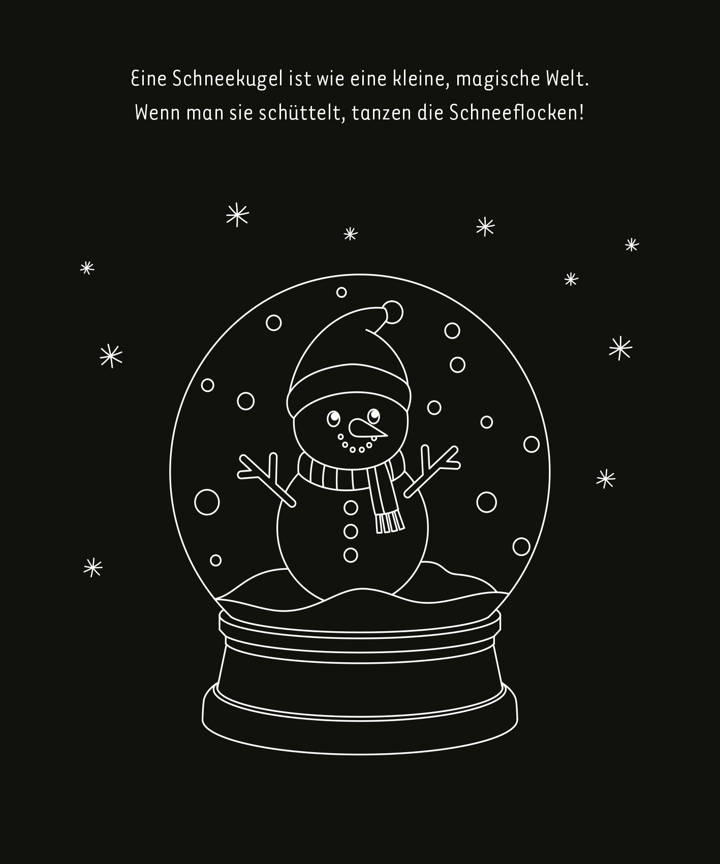 Gezeigt wird eine Innen- oder Zusatzansicht von „Mein leuchtendes Winter-Kritzkratz-Buch“. Auf schwarzem Hintergrund ist eine skizzierte Schneekugel abgebildet, die einen fröhlichen Schneemann mit Mütze und Schal zeigt. Um die Schneekugel tanzen kleine, weiße Schneeflocken. Oberhalb der Abbildung steht in verspielter, weißer Schrift der Satz: „Eine Schneekugel ist wie eine kleine, magische Welt.“ Die Gestaltung ist einfach und klar, mit einem Fokus auf winterliche Anmutung.
