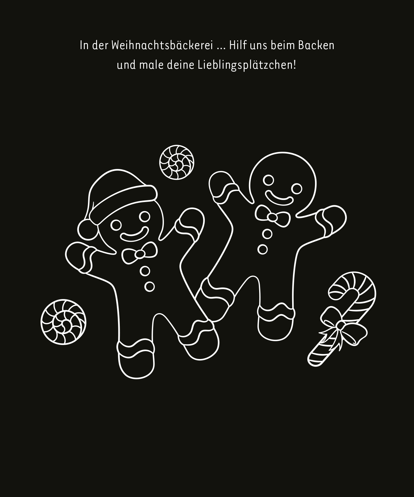 Gezeigt wird eine Innen- oder Zusatzansicht von „Mein leuchtendes Winter-Kritzkratz-Buch“. Auf schwarzem Hintergrund sind zwei stilisierte Lebkuchenfiguren in Weiß dargestellt, eine mit einem rot-weißen Weihnachtsmütze und die andere mit einem geschmückten Gesicht. Um sie herum befinden sich bunte Kekse und ein Zuckerstangen-Motiv. Oberhalb der Figuren steht in verspielter Schrift: „In der Weihnachtsbäckerei ... Hilf uns beim Backen und male deine Lieblingsplätzchen!“.
