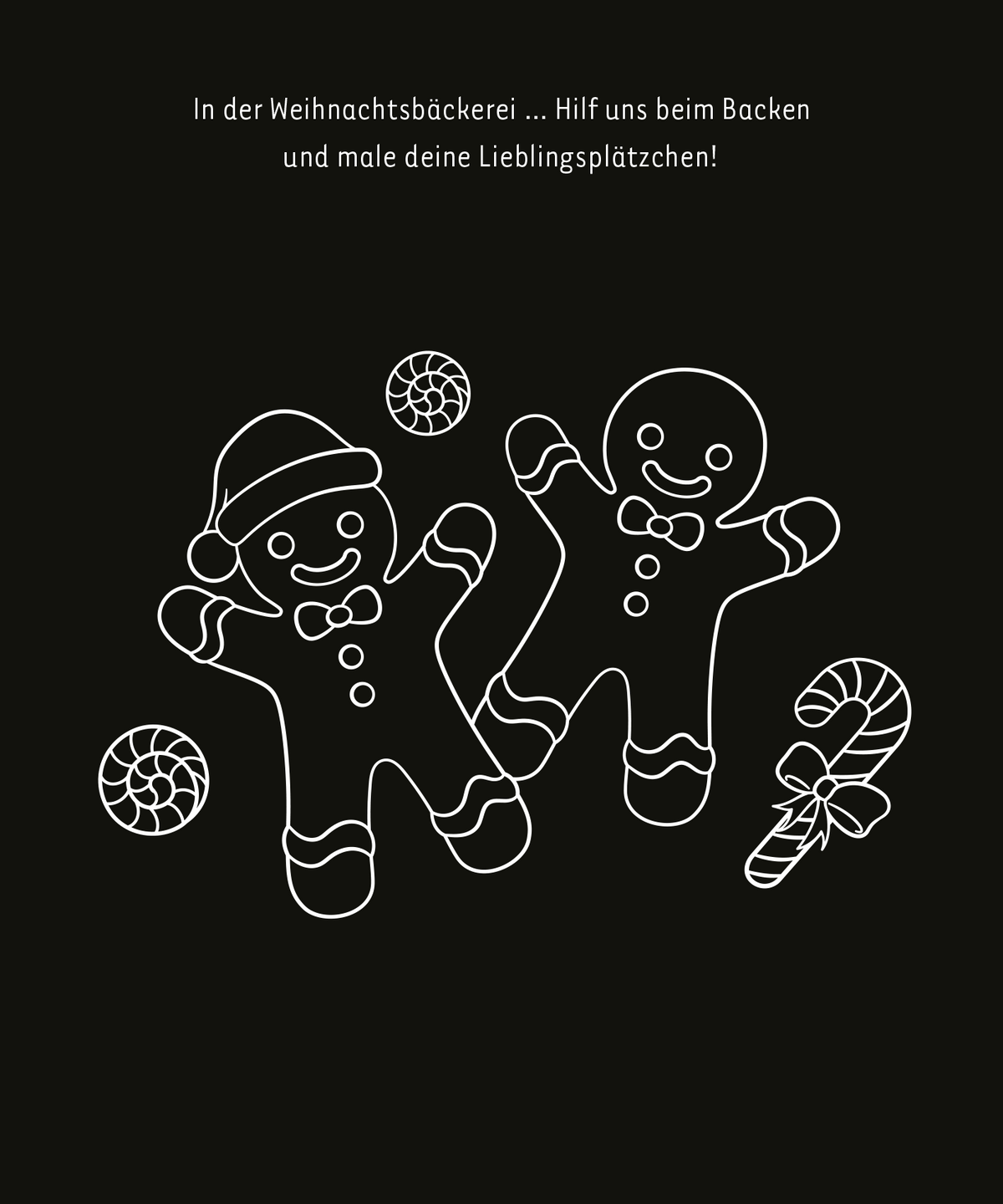 Gezeigt wird eine Innen- oder Zusatzansicht von „Mein leuchtendes Winter-Kritzkratz-Buch“. Auf schwarzem Hintergrund sind zwei stilisierte Lebkuchenfiguren in Weiß dargestellt, eine mit einem rot-weißen Weihnachtsmütze und die andere mit einem geschmückten Gesicht. Um sie herum befinden sich bunte Kekse und ein Zuckerstangen-Motiv. Oberhalb der Figuren steht in verspielter Schrift: „In der Weihnachtsbäckerei ... Hilf uns beim Backen und male deine Lieblingsplätzchen!“.