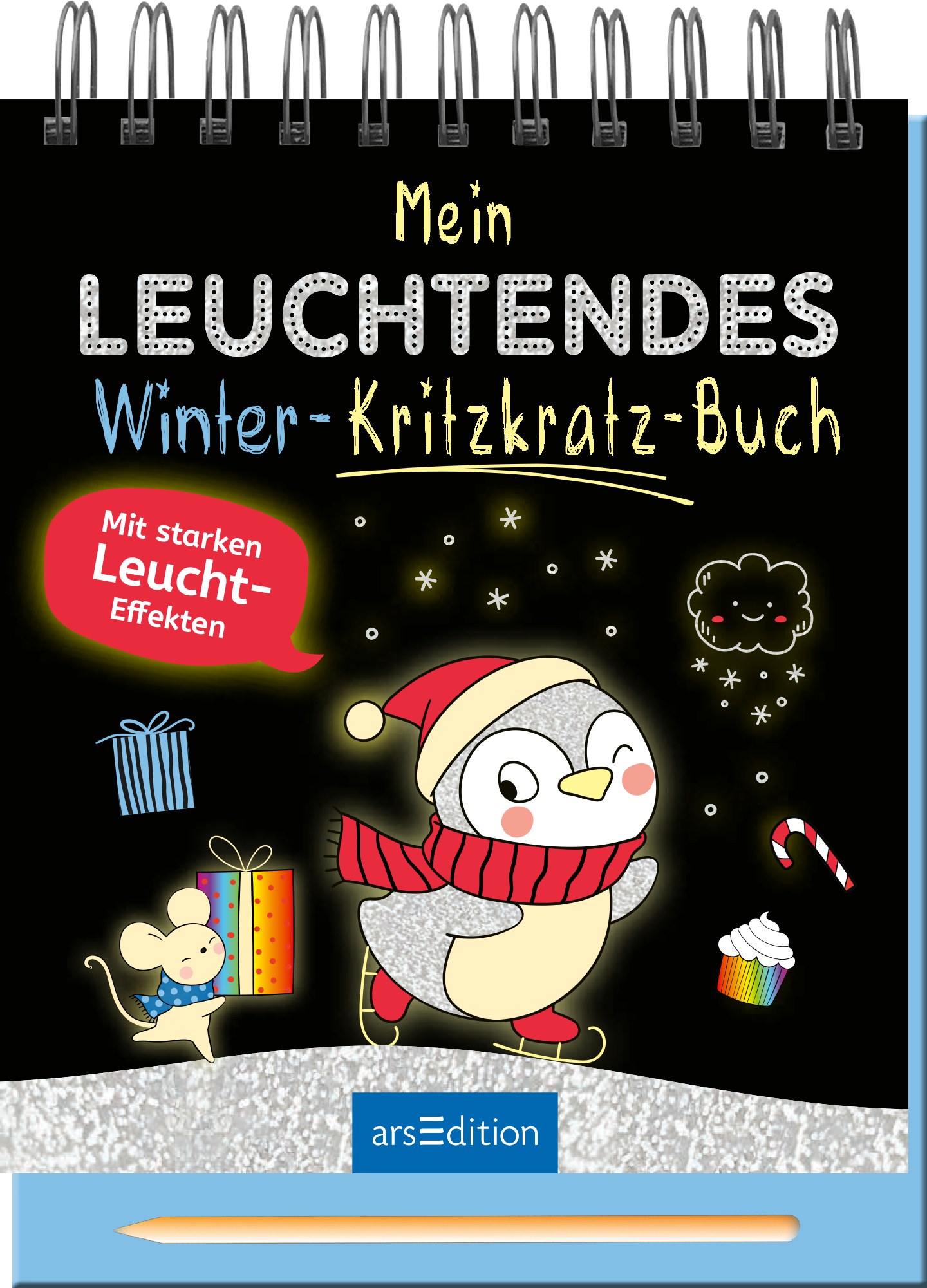 Das Buchcover zeigt einen niedlichen Pinguin mit rotem Schal und Mütze, der fröhlich steht. Der Hintergrund ist in tiefem Schwarz gehalten, was die bunten Elemente hervorhebt. Oben steht der Titel „Mein LEUCHTENDES Winter-Kritzkatz-Buch“ in großen, leuchtenden Buchstaben. In der linken unteren Ecke befindet sich eine kleine Maus neben farbigen Präsenten. Ein rotes Banner verkündet: „Mit starken Leucht-Effekten“. Ganz unten mittig steht der Logoschriftzug von arsEdition.
