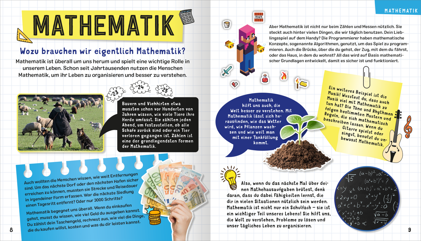 Gezeigt wird eine Innen- oder Zusatzansicht von „Science und Kids – Das geniale Forscherbuch“. Die Doppelseite thematisiert Mathematik und setzt auf eine farbenfrohe Gestaltung mit Illustrationen, darunter eine Wiese mit Schafen sowie verschiedene Alltagsgegenstände. Die Schriftarten sind freundlich und gut lesbar, mit Überschriften in einer größeren, fetten Typografie. Wichtige Informationen sind in Sprechblasen hervorgehoben, die verschiedene Aspekte der Mathematik erläutern. Der...