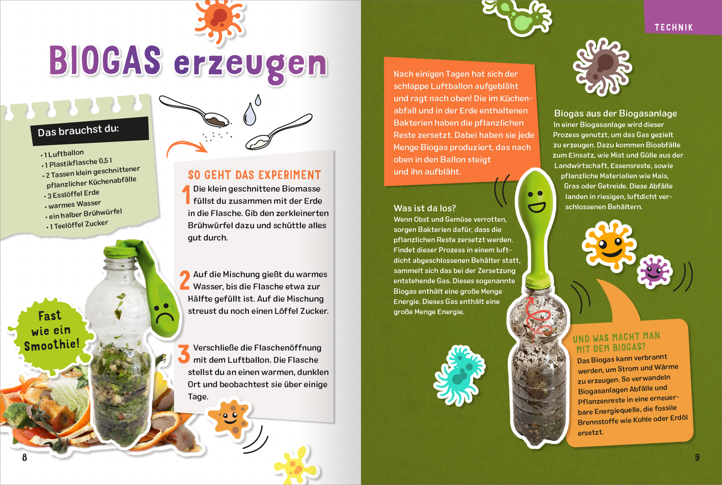 Gezeigt wird eine Innen- oder Zusatzansicht von „Science und Kids – Geniale Experimente“. Die Seite präsentiert auf der linken Seite die Anleitung zur Biogas-Erzeugung in leuchtenden Farben, darunter ein grüner Hintergrund. In einer Illustrationsanordnung sind mehrere Gegenstände und Zutaten abgebildet, darunter eine transparente Flasche. Auf der rechten Seite wird der Prozess beschrieben, unterstützt durch bunte, spielerische Icons und eine lockere Typografie, die das kindliche...