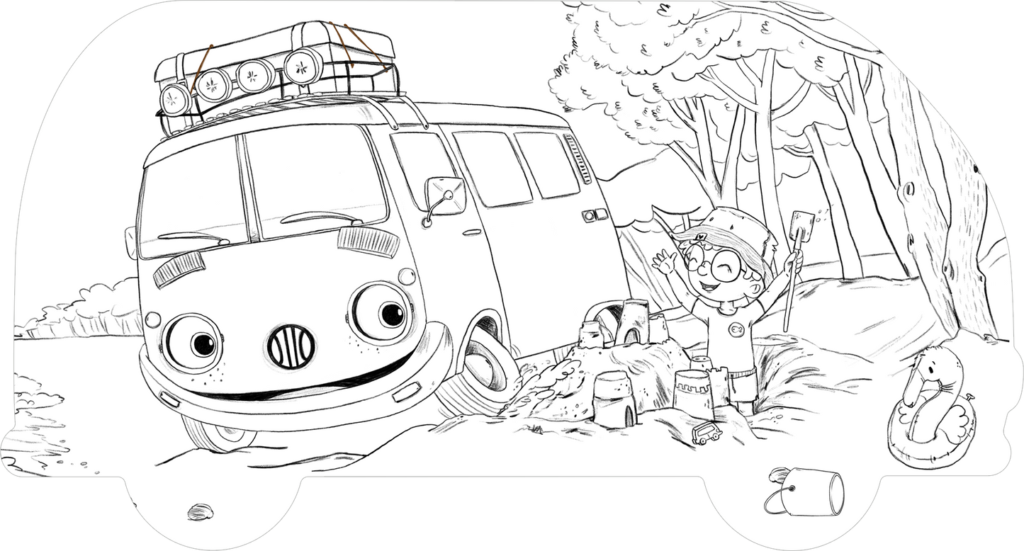 Gezeigt wird eine Innen- oder Zusatzansicht von „Mein OTTO-Malbuch“. Die Illustration zeigt einen fröhlichen Jungen mit einer großen Brille, der neben einem lachenden Campingvan steht und eine Sandburg baut. Im Hintergrund sind hohe Bäume am Strand zu sehen. Die skizzenhafte Zeichnung ist noch schwarz-weiß und befindet sich auf einer autoförmigen Seite.