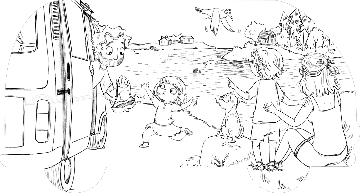 Gezeigt wird eine Innen- oder Zusatzansicht von „OTTO fährt los – Mein OTTO-Malbuch“. Die Szene zeigt eine fröhliche, lebendige Gruppe von Kindern und einem Erwachsenen, die einem VW-Bus gegenüberstehen. Ein Mädchen mit einer hellen Bluse tanzt vor Freude, während ein Hund an ihrer Seite steht. Im Hintergrund sind ein See und sanfte Hügel zu sehen, umrahmt von einem klaren Himmel. Die Zeichnungen sind in klaren Linien und ohne Farbfüllung gehalten, was die Vorfreude auf das...