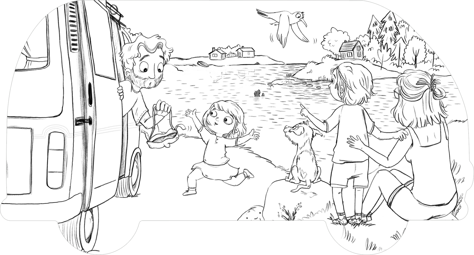 Gezeigt wird eine Innen- oder Zusatzansicht von „OTTO fährt los – Mein OTTO-Malbuch“. Die Szene zeigt eine fröhliche, lebendige Gruppe von Kindern und einem Erwachsenen, die einem VW-Bus gegenüberstehen. Ein Mädchen mit einer hellen Bluse tanzt vor Freude, während ein Hund an ihrer Seite steht. Im Hintergrund sind ein See und sanfte Hügel zu sehen, umrahmt von einem klaren Himmel. Die Zeichnungen sind in klaren Linien und ohne Farbfüllung gehalten, was die Vorfreude auf das...