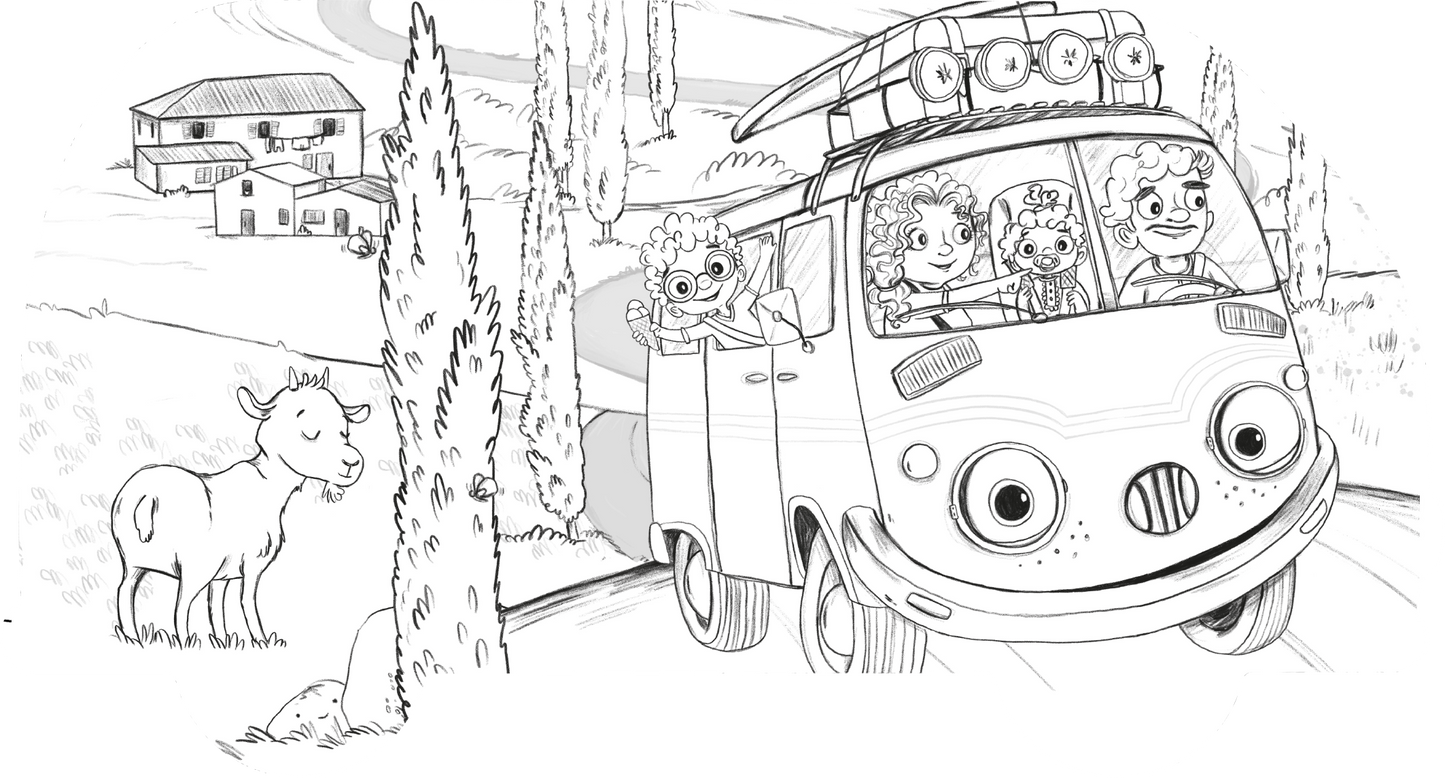 Gezeigt wird eine Innen- oder Zusatzansicht von „OTTO fährt los – Mein OTTO-Malbuch“. Die Illustration zeigt einen fröhlich gestalteten VW-Bus, in dem vier Kinder sitzen, die begeistert aus dem Fenster schauen. Im Hintergrund sind sanfte Hügel, Zypressen und ein typisches Landhaus zu sehen. Die Zeichnung ist in klaren, ansprechenden Linien gehalten, ideal zum Ausmalen. Der Stil ist kinderfreundlich, mit einem verspielten Layout und großen, runden Formen, die Freude und Abenteuerlust...