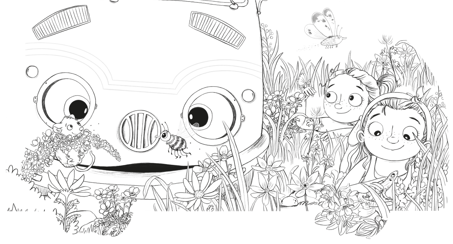 Gezeigt wird eine Innen- oder Zusatzansicht von „OTTO fährt los – Mein OTTO-Malbuch“. Die Szene präsentiert einen fröhlichen Kinderillustration mit einem großen, freundlichen Fahrzeug namens OTTO, das auf gegenüberliegenden Seiten von bunten Blumen und Pflanzen umgeben ist. Zwei neugierige Kinder beobachten eine Biene. Die Zeichnung ist in klaren Umrissen gehalten und lädt zum Ausmalen ein, während fröhliche Gesichter und lebendige Elemente eine spielerische Atmosphäre schaffen.