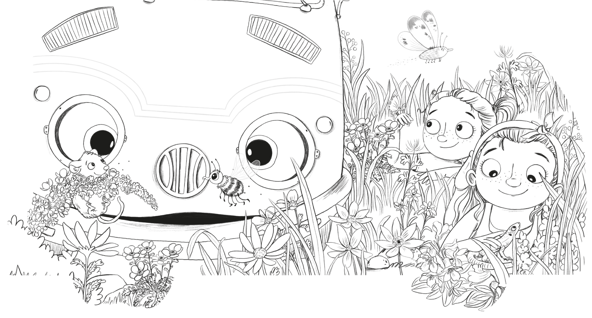 Gezeigt wird eine Innen- oder Zusatzansicht von „OTTO fährt los – Mein OTTO-Malbuch“. Die Szene präsentiert einen fröhlichen Kinderillustration mit einem großen, freundlichen Fahrzeug namens OTTO, das auf gegenüberliegenden Seiten von bunten Blumen und Pflanzen umgeben ist. Zwei neugierige Kinder beobachten eine Biene. Die Zeichnung ist in klaren Umrissen gehalten und lädt zum Ausmalen ein, während fröhliche Gesichter und lebendige Elemente eine spielerische Atmosphäre schaffen.