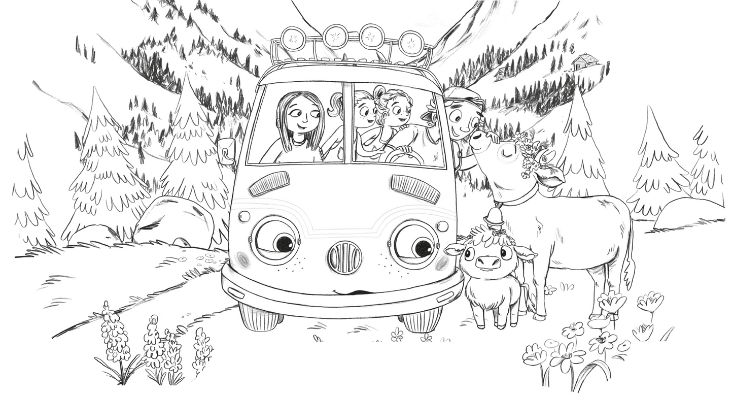 Gezeigt wird eine Innen- oder Zusatzansicht von „Mein OTTO-Malbuch“. Die Illustration zeigt einen bunten VW-Bus, in dem vier fröhliche Personen sitzen. Um den Bus herum sind animierte Tiere, darunter eine Kuh und ein Kalb, sowie eine malerische Landschaft mit Bäumen und Bergen zu sehen. Die Zeichnung ist in klaren Linien und ohne Farbe gehalten, was Raum für kreative Ausmalideen lässt.