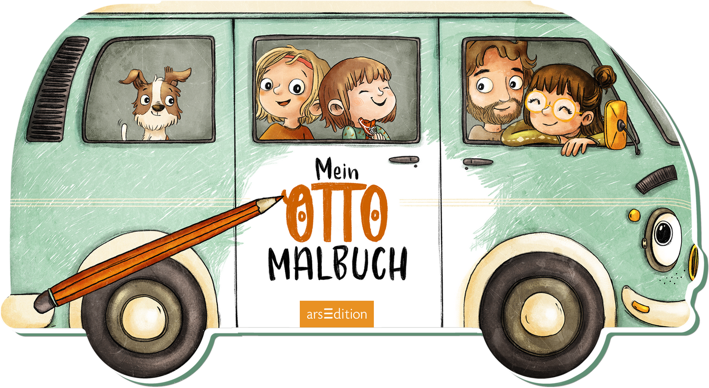 Zu sehen ist die 3D-Ansicht des Titels. Das Buchcover zeigt einen stilisierten, mintgrünen Camping-Bus mit fröhlichen, gezeichneten Charakteren, die durch die Fenster schauen. Zwei Eltern, zwei Kinder und ein Hund sind sichtbar. Der Titel „Mein OTTO MALBUCH“ ist in großen, schwarzen und orangenen Buchstaben prominent platziert. Unten mittig befindet sich der Schriftzug von arsEdition. Ein orangener Stift malt das Wort „Otto“ aus und unterstreicht somit den Nutzen des Buches.