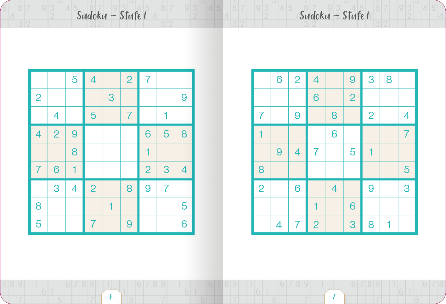 Gezeigt wird eine Innen- oder Zusatzansicht von „Kleine Auszeit – Sudoku“. Die Doppelseite zeigt zwei Sudoku-Rätsel in einem klaren, strukturierten Layout. Die Kästchen sind in einem sanften Beige-Ton mit klaren, hellblauen Umrandungen dargestellt. Die Zahlen sind in einem gut lesbaren, modernen Schriftzug in dunkler Farbe gehalten. Die Überschrift „Sudoku – Stufe I“ ist in einer eleganten, auffälligen Schriftart am oberen Rand platziert. Der Hintergrund bleibt schlicht und...
