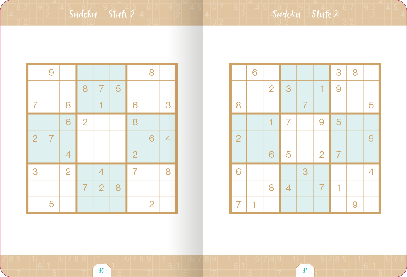 Gezeigt wird eine Innen- oder Zusatzansicht von „Kleine Auszeit – Sudoku“. Die Doppelseite präsentiert zwei Sudoku-Rätsel in einem klaren Layout. Der Hintergrund ist in einem sanften Beigeton gehalten, die Kästchen der Sudoku-Gitter sind in einem hellblauen Farbton markiert. Die Zahlen sind in einer gut lesbaren, serifenlosen Schriftart in schwarzer Farbe dargestellt. Die Seitenzahlen „30“ und „31“ sind in einem dezenten, kreisförmigen Element am unteren Rand platziert.