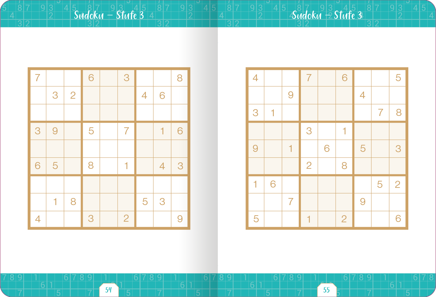 Gezeigt wird eine Innen- oder Zusatzansicht von „Kleine Auszeit – Sudoku“. Die Doppelseite zeigt zwei Sudoku-Rätsel jeweils auf einem weißen Hintergrund mit beige-umrahmten Kästchen. Oben sind die Titel „Sudoku – Stufe 3“ in hellblauer, verspielter Typografie platziert. Die Kästchen sind klar strukturiert, und die Zahlen sind deutlich lesbar. Der Hintergrund ist in einem sanften, mintgrünen Farbton gehalten, der eine entspannte Atmosphäre vermittelt.