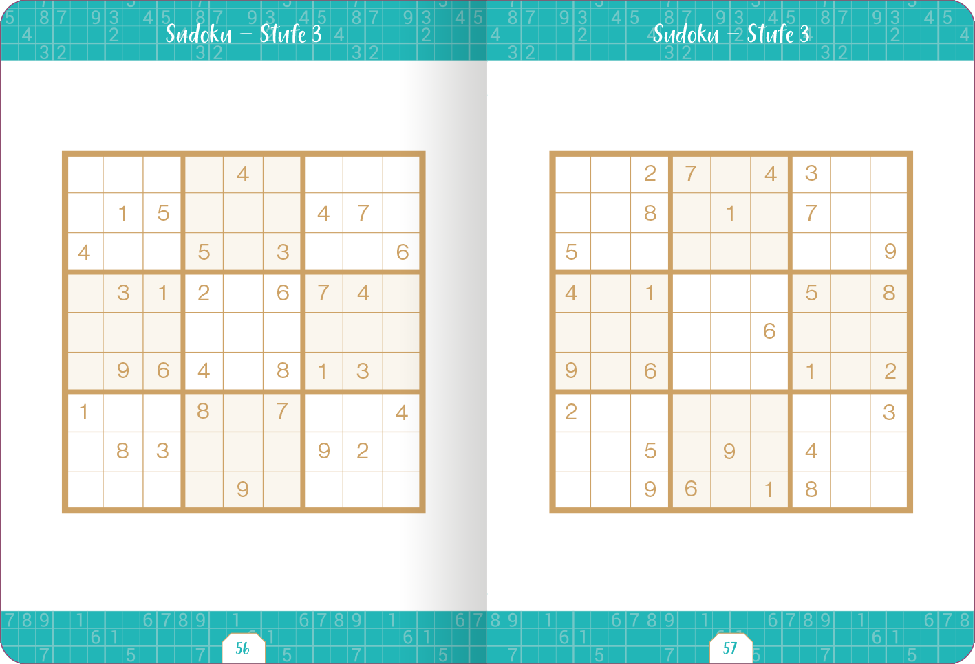 Gezeigt wird eine Innenansicht von „Kleine Auszeit – Sudoku“. Die Doppelseite präsentiert zwei Sudoku-Rätsel im 9x9-Gitterformat. Die Kästchen sind hellbeige hinterlegt mit dünnen, braunen Linien, die die einzelnen Bereiche abgrenzen. Die Zahlen sind klar und deutlich in einer gut lesbaren, dunkelgrauen Schriftart gesetzt. Der Hintergrund der Seite ist in einem sanften Türkis gehalten, mit dezenten Zahlenmustern, die eine entspannende Atmosphäre schaffen.