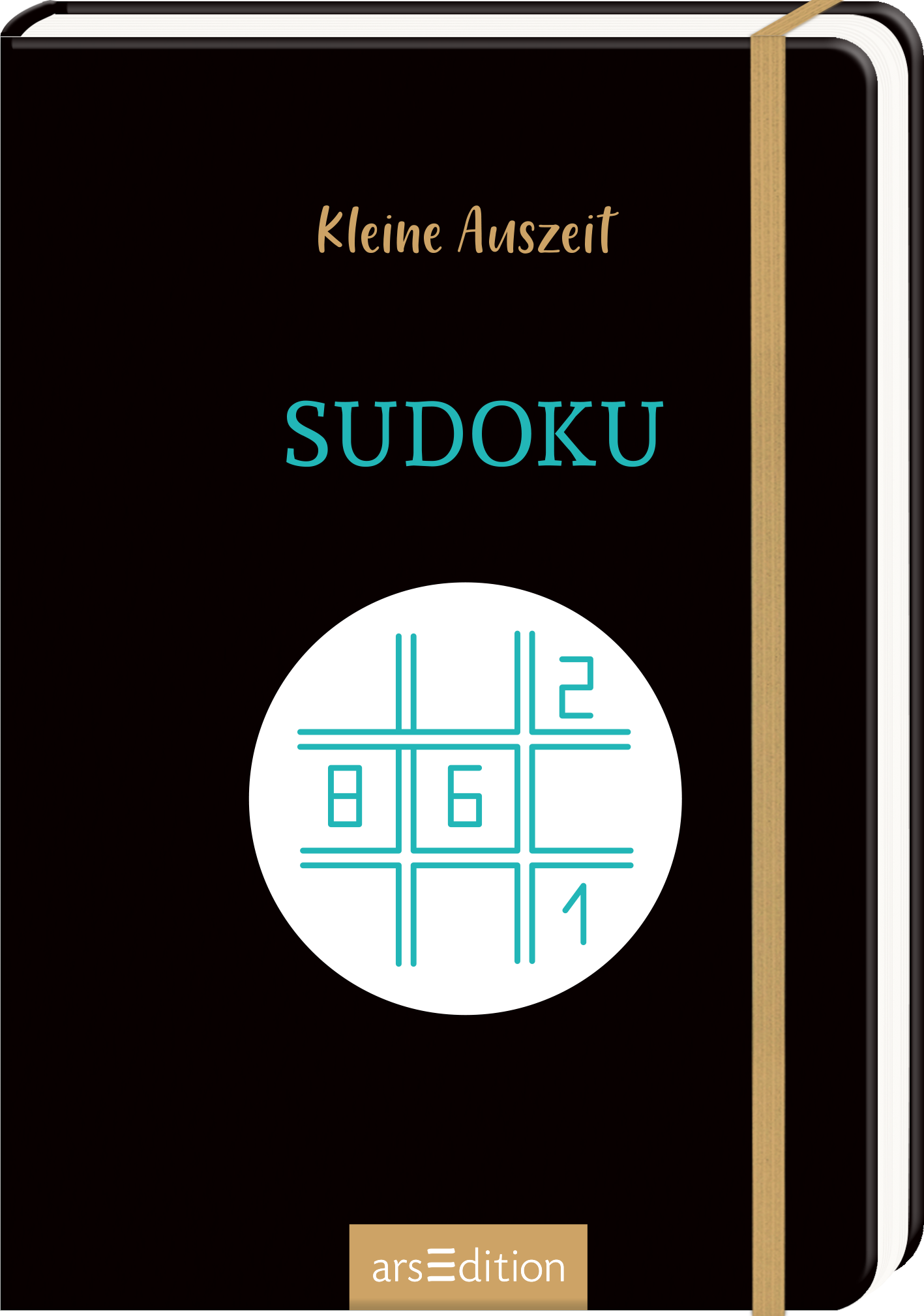 Das Buchcover zeigt einen dunklen Hintergrund, auf dem der Titel „SUDOKU“ in kräftigem Türkis hervorgehoben ist. Darüber befindet sich der Schriftzug „Kleine Auszeit“ in eleganter goldener Schrift. In der Mitte des Covers ist ein weißer Kreis zu sehen, der ein einfaches Sudoku-Raster darstellt, mit den Zahlen 1, 2, 6 und 8. Ganz unten mittig steht der Logoschriftzug von arsEdition.