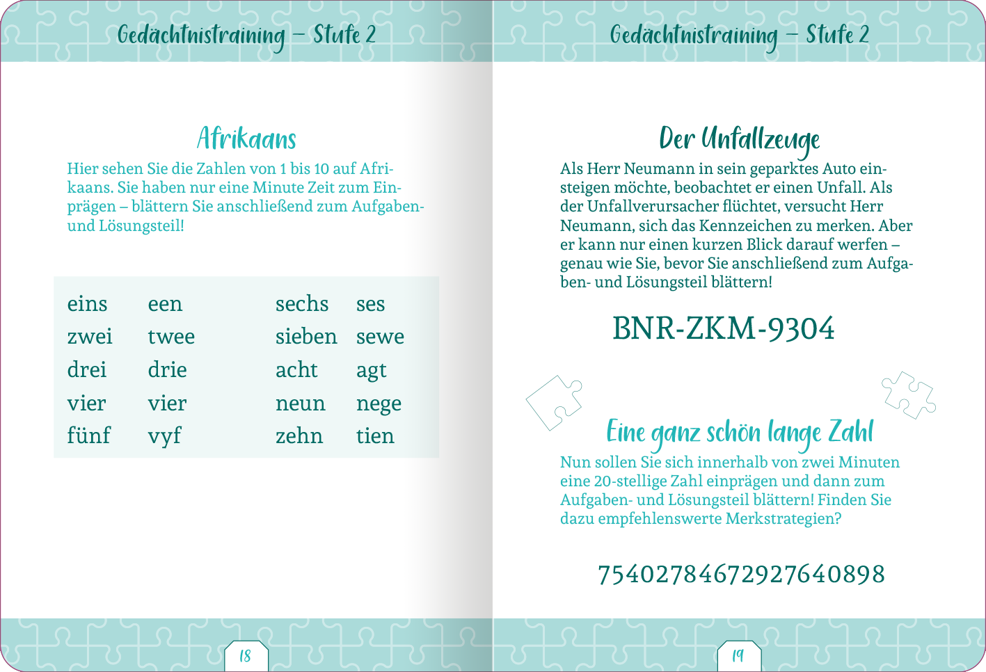 Gezeigt wird eine Innen- oder Zusatzansicht von „Kleine Auszeit – Gedächtnistraining“. Die Seiten sind hell gestaltet mit einem sanften, mintgrünen Hintergrund. Auf der linken Seite befindet sich eine Tabelle mit Zahlen von 1 bis 10 in einer klaren Schriftart, begleitet von den entsprechenden afrikanischen Begriffen. Auf der rechten Seite steht ein Textabschnitt mit dem Titel „Der Unfallezeuge“, geschrieben in einer eleganten, kursiven Schrift. Die Layout-Elemente sind...