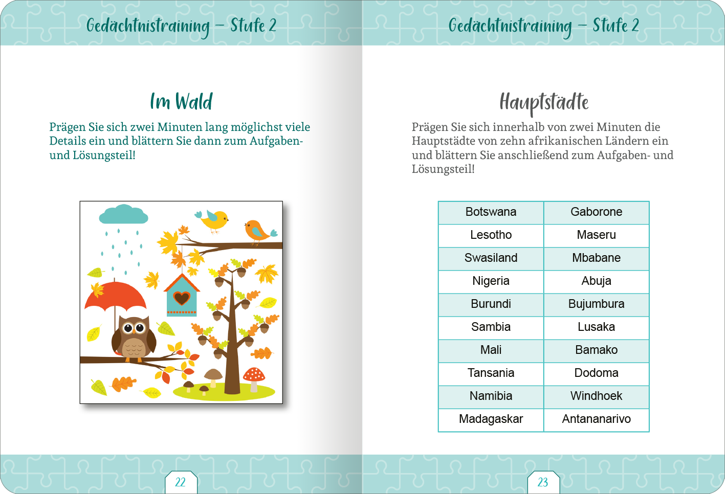 Gezeigt wird eine Innen- oder Zusatzansicht von „Kleine Auszeit – Gedächtnistraining“. Auf der linken Seite befindet sich eine farbenfrohe Illustration eines Waldes mit einem Eulenmotiv, umgeben von Bäumen, bunten Blättern und Vögeln. Die Seite ist in sanften Grüntönen gehalten. Rechts sind Tabellen mit den Namen afrikanischer Länder und deren Hauptstädte in klarer, gut lesbare Typografie auf hellem Hintergrund angeordnet. Die Überschriften sind in einer verspielten Schriftart...