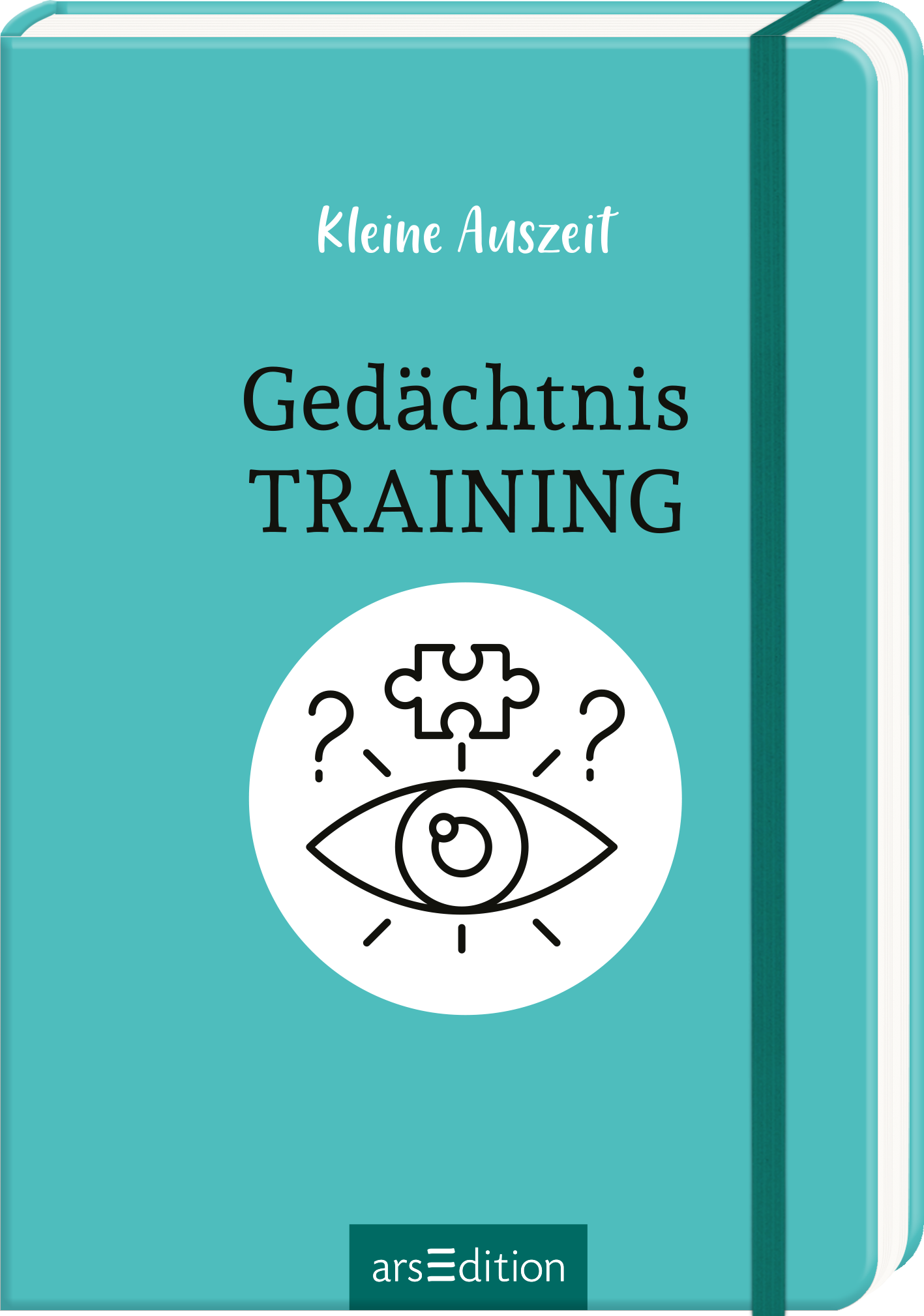 Das Buchcover ist in einem sanften Türkis gestaltet und vermittelt eine beruhigende Atmosphäre. Im oberen Bereich steht der Titel „Kleine Auszeit“ in einer verspielten, weißen Schrift. Darunter in größerer, moderner Typografie heißt es „Gedächtnis TRAINING“ in schwarzer Farbe, wobei „TRAINING“ hervorgehoben ist. Im Zentrum des Covers befindet sich ein Symbol mit einem Auge und einem Puzzlestück, umrahmt von Fragezeichen, das Neugier und Denkimpulse weckt. Ganz unten mittig...