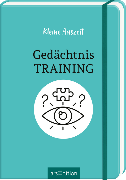 Das Buchcover ist in einem sanften Türkis gestaltet und vermittelt eine beruhigende Atmosphäre. Im oberen Bereich steht der Titel „Kleine Auszeit“ in einer verspielten, weißen Schrift. Darunter in größerer, moderner Typografie heißt es „Gedächtnis TRAINING“ in schwarzer Farbe, wobei „TRAINING“ hervorgehoben ist. Im Zentrum des Covers befindet sich ein Symbol mit einem Auge und einem Puzzlestück, umrahmt von Fragezeichen, das Neugier und Denkimpulse weckt. Ganz unten mittig...