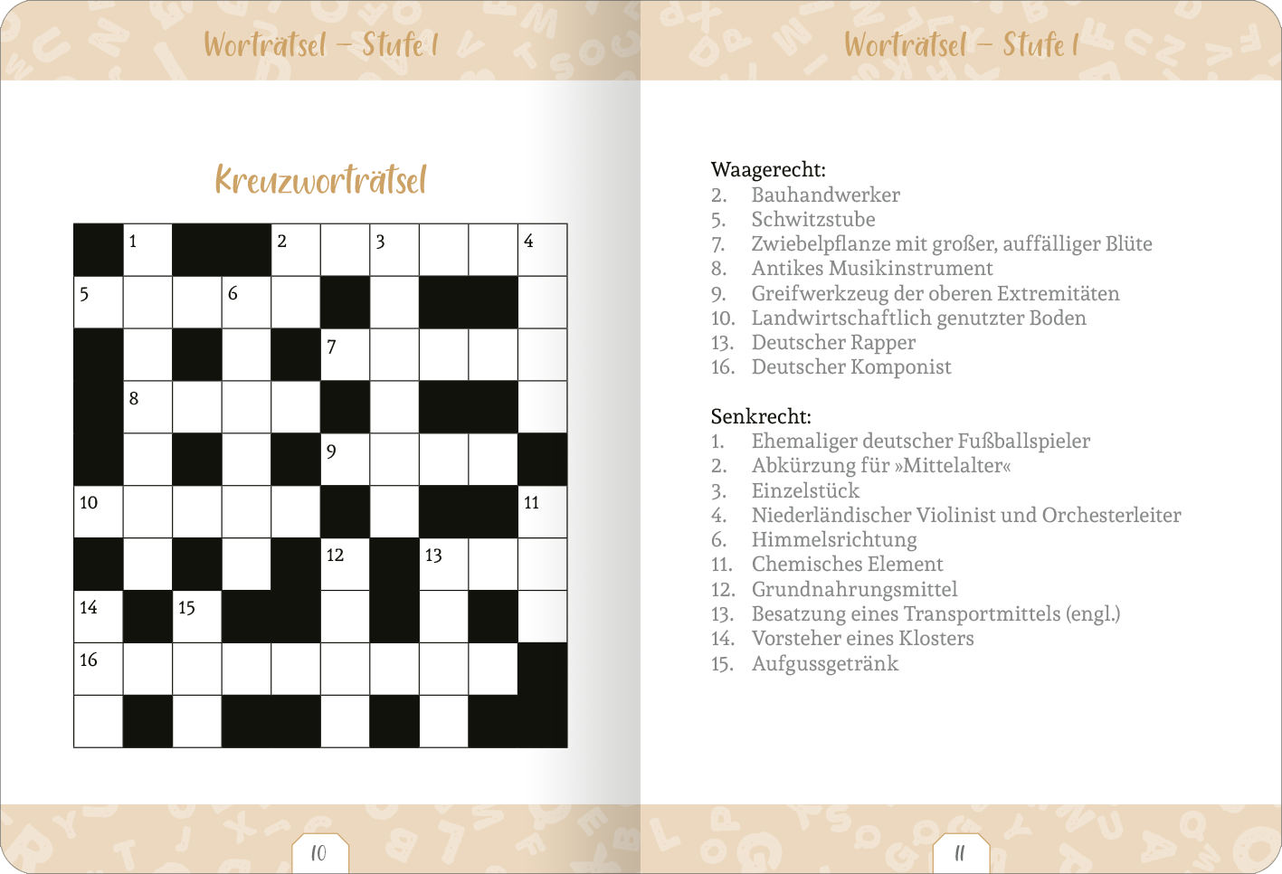 Gezeigt wird eine Innen- oder Zusatzansicht von „Kleine Auszeit – Worträtsel“. Die Doppelseite präsentiert ein Kreuzworträtsel mit nummerierten Feldern in unterschiedlicher Färbung. Die obere Hälfte zeigt die Überschrift „Worträtsel – Stufe I“ in einer klaren, sanften Schriftart. Daneben sind die Hinweise für waagerechte und senkrechte Begriffe in präziser, gut lesbarer Typografie angeordnet. Der Hintergrund ist in einem angenehmen, hellen Farbton gehalten, der das...