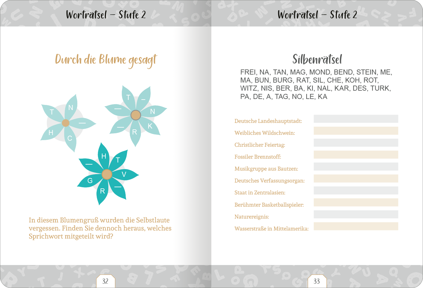 Gezeigt wird eine Innen- oder Zusatzansicht von „Kleine Auszeit – Worträtsel“. Die Doppelseite enthält auf der linken Seite ein blühendes, stilisiertes Blumenmotiv in sanften, blau-grünen Tönen, mit grauen Buchstaben als Selbstlauten. Auf der rechten Seite findet sich ein Rätsel mit strukturierten, beige Hintergrund und verschiedenen Lösungsmöglichkeiten in klarer, gut lesbarer Typografie. Alle Elemente sind ansprechend angeordnet, um eine übersichtliche Benutzererfahrung zu...