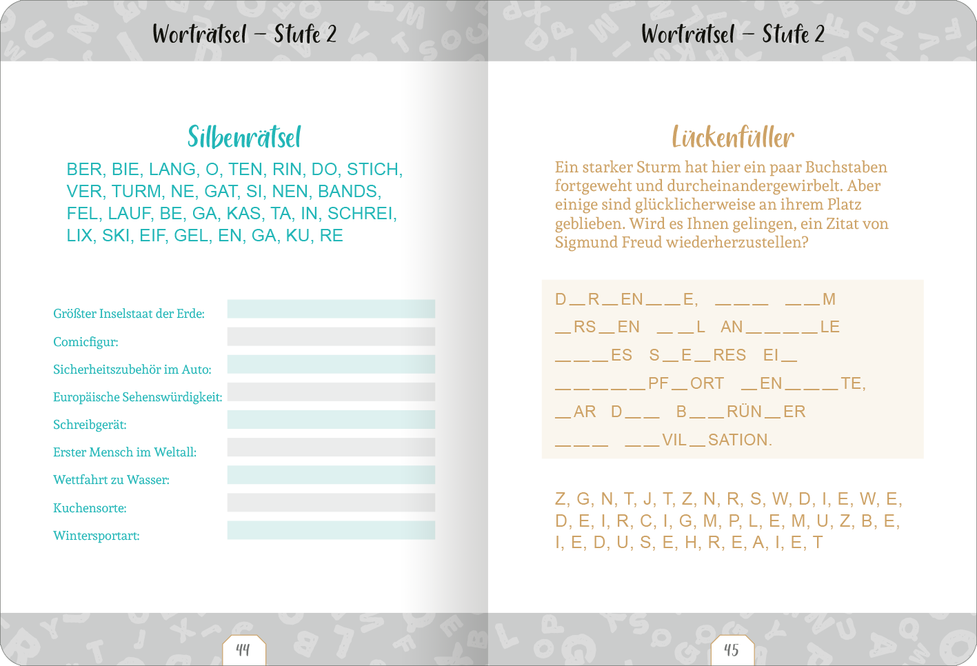Gezeigt wird eine Innen- oder Zusatzansicht von „Kleine Auszeit – Worträtsel“. Auf der linken Seite befindet sich das „Silbenrätsel“ mit einem hellblauen Titel und einem strukturierten Bereich, der leere Linien für Antworten bietet. Die rechte Seite zeigt den „Lückenfüller“ in einem sanften Orange, wo ein Textfragment zum Ausfüllen anregt. Die Seiten sind hell gestaltet, mit verspielten, grau-weißen Hintergrundmustern aus Buchstaben und Zahlen. Die Schrift ist klar und gut...