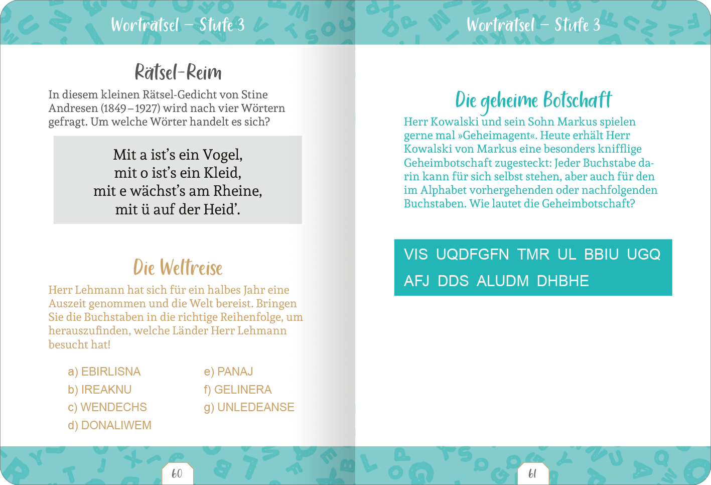 Gezeigt wird eine Innen- oder Zusatzansicht von „Kleine Auszeit – Worträtsel“. Die Seiten sind in sanften Farben gehalten, überwiegend in Mintgrün und Hellblau. Im oberen Bereich befinden sich die Titel der Rätsel in einer klaren, gut lesbaren Schrift. Der Text ist in Abschnitte gegliedert, darunter eine Rätselseite mit Fragen und Antwortoptionen, die in einer freundlichen, übersichtlichen Typografie dargestellt sind. Illustrative Elemente mit Mustern umrahmen die Inhalte und tragen...
