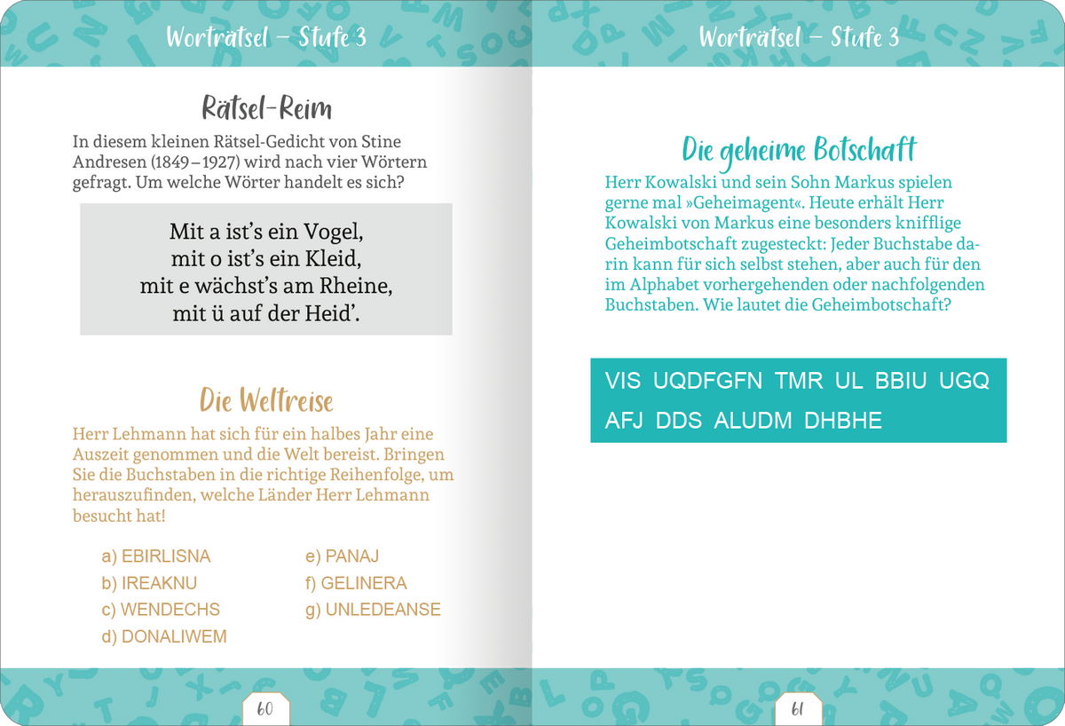 Gezeigt wird eine Innen- oder Zusatzansicht von „Kleine Auszeit – Worträtsel“. Die Seiten sind in sanften Farben gehalten, überwiegend in Mintgrün und Hellblau. Im oberen Bereich befinden sich die Titel der Rätsel in einer klaren, gut lesbaren Schrift. Der Text ist in Abschnitte gegliedert, darunter eine Rätselseite mit Fragen und Antwortoptionen, die in einer freundlichen, übersichtlichen Typografie dargestellt sind. Illustrative Elemente mit Mustern umrahmen die Inhalte und tragen...