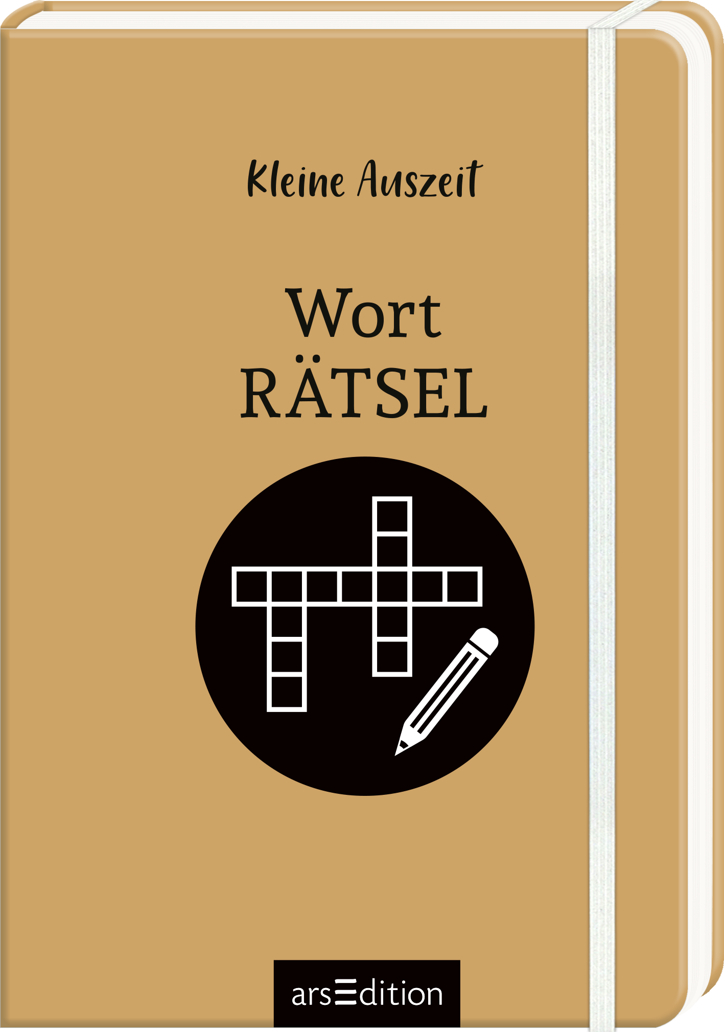 Das Buchcover zeigt einen hellbraunen Hintergrund. Oben mittig steht in geschwungener Schrift „Kleine Auszeit“. Darunter prangt der Titel „Wort RÄTSEL“ in großen, klaren Buchstaben. In der Mitte des Covers befindet sich ein schwarzes, kreisförmiges Symbol mit einem Kreuzworträtsel und einem Bleistift. Das Cover strahlt eine ansprechende, einladende Atmosphäre aus. Ganz unten mittig steht der Logoschriftzug von arsEdition.