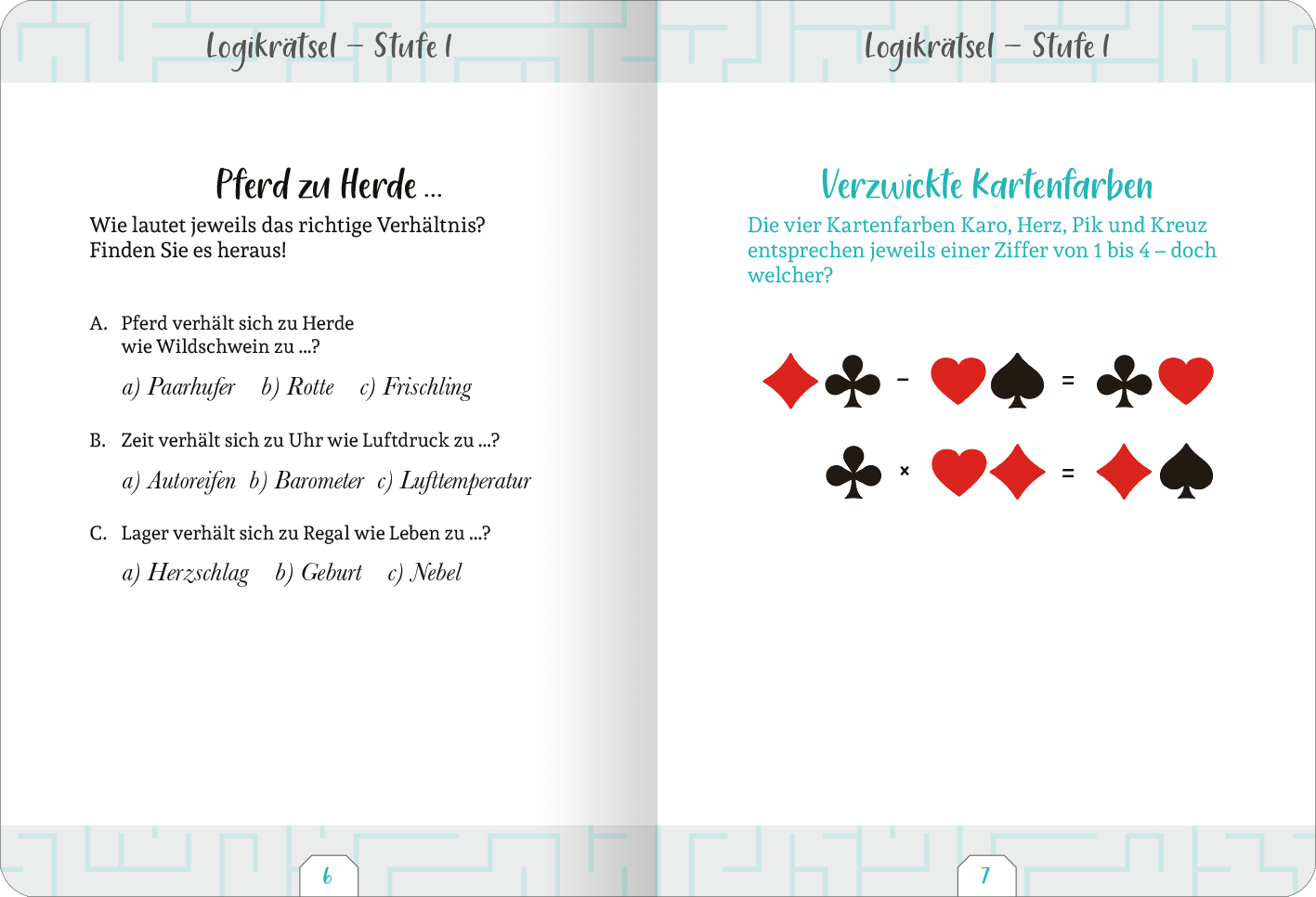 Gezeigt wird eine Innen- oder Zusatzansicht von „Kleine Auszeit – Logikrätsel“. Auf der linken Seite befindet sich eine Frage mit dem Titel „Pferd zu Herde ...“, die in schwarzer Schrift auf hellem Hintergrund steht. Darunter sind drei Multiple-Choice-Antworten in blauer Schrift angeordnet. Auf der rechten Seite steht „Verzwickte Kartenfarben“ in türkisblauer Schrift. Darunter sind vier Kartenfarben abgebildet, die visuell ansprechend mit roten und schwarzen Symbolen dargestellt...