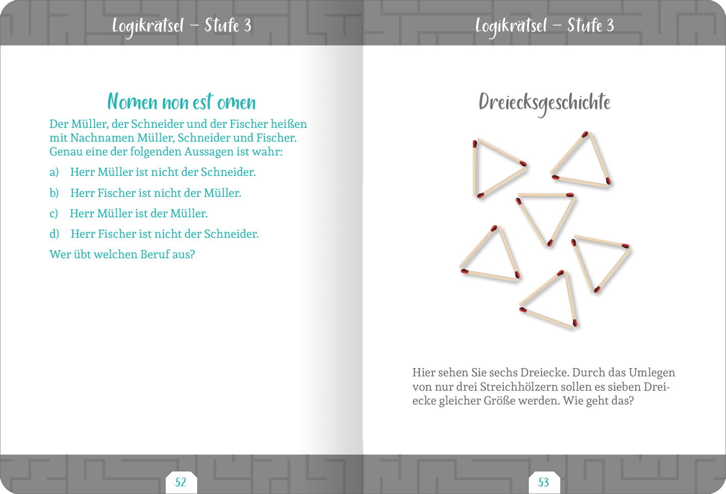 Gezeigt wird eine Innenansicht von „Kleine Auszeit – Logikrätsel“. Die Seite besteht aus zwei grafisch gestalteten Teilen, die in sanften Farbtönen gehalten sind. Links steht eine Aufgabenstellung in schwarzer Schrift, teilweise akzentuiert durch türkisfarbene Schriftzüge. Rechts sind sechs geometrische Dreiecke dargestellt, umgeben von roten Punkten. Die beigelegte Erklärung zu den Aufgaben ist in klarer, gut lesbarer Schrift formuliert und unterstützt das visuelle Verständnis der...
