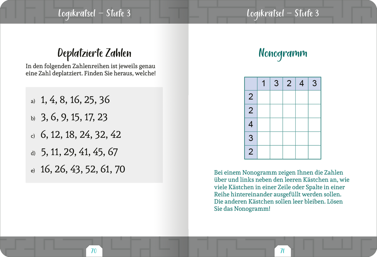 Gezeigt wird eine Innen- oder Zusatzansicht von „Kleine Auszeit – Logikrätsel“. Die Doppelseite enthält auf der linken Seite die Überschrift „Deplatzierte Zahlen“ in einer verspielten Schriftart. Darunter befinden sich fünf nummerierte Aufzählungen mit Zahlenreihen in dunkler Schrift auf hellem Hintergrund. Auf der rechten Seite steht die Überschrift „Nonogramm“ in grüner Schrift. Es zeigt ein leeres Raster mit koordinierten Zahlen, ergänzt durch eine erläuternde...