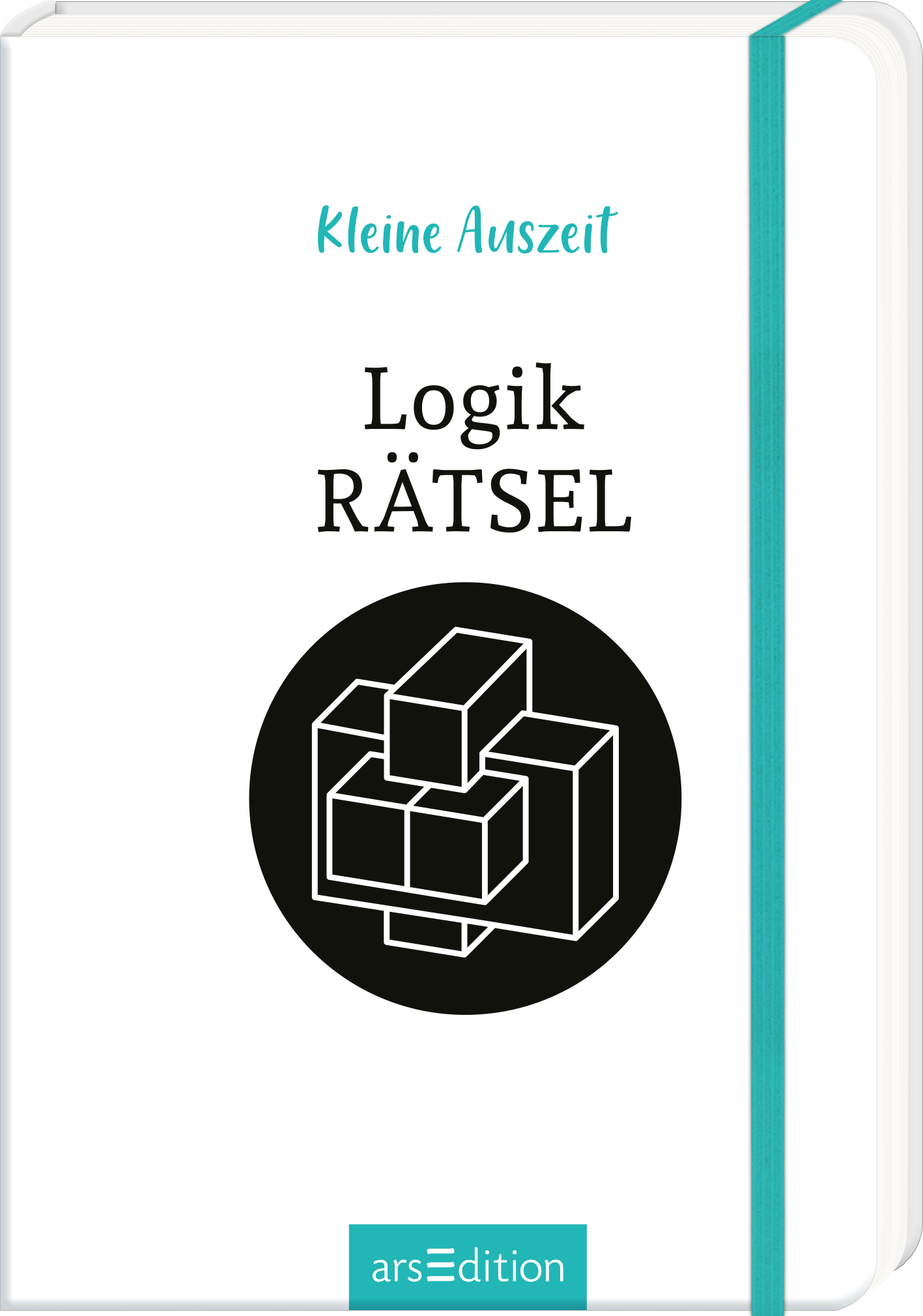 Das Buchcover zeigt auf weißem Hintergrund das Titelthema „Logik RÄTSEL“ in schwarzer, kräftiger Schrift. Darüber steht in einer zarten türkisfarbenen Schrift „Kleine Auszeit“. Im Zentrum des Covers befindet sich eine grafische Darstellung von ineinandergeschachtelten und überlappenden Würfeln in Schwarz, was die logische Denkweise symbolisiert. Der Gesamteindruck ist modern und ansprechend. Ganz unten mittig steht der Logoschriftzug von arsEdition.