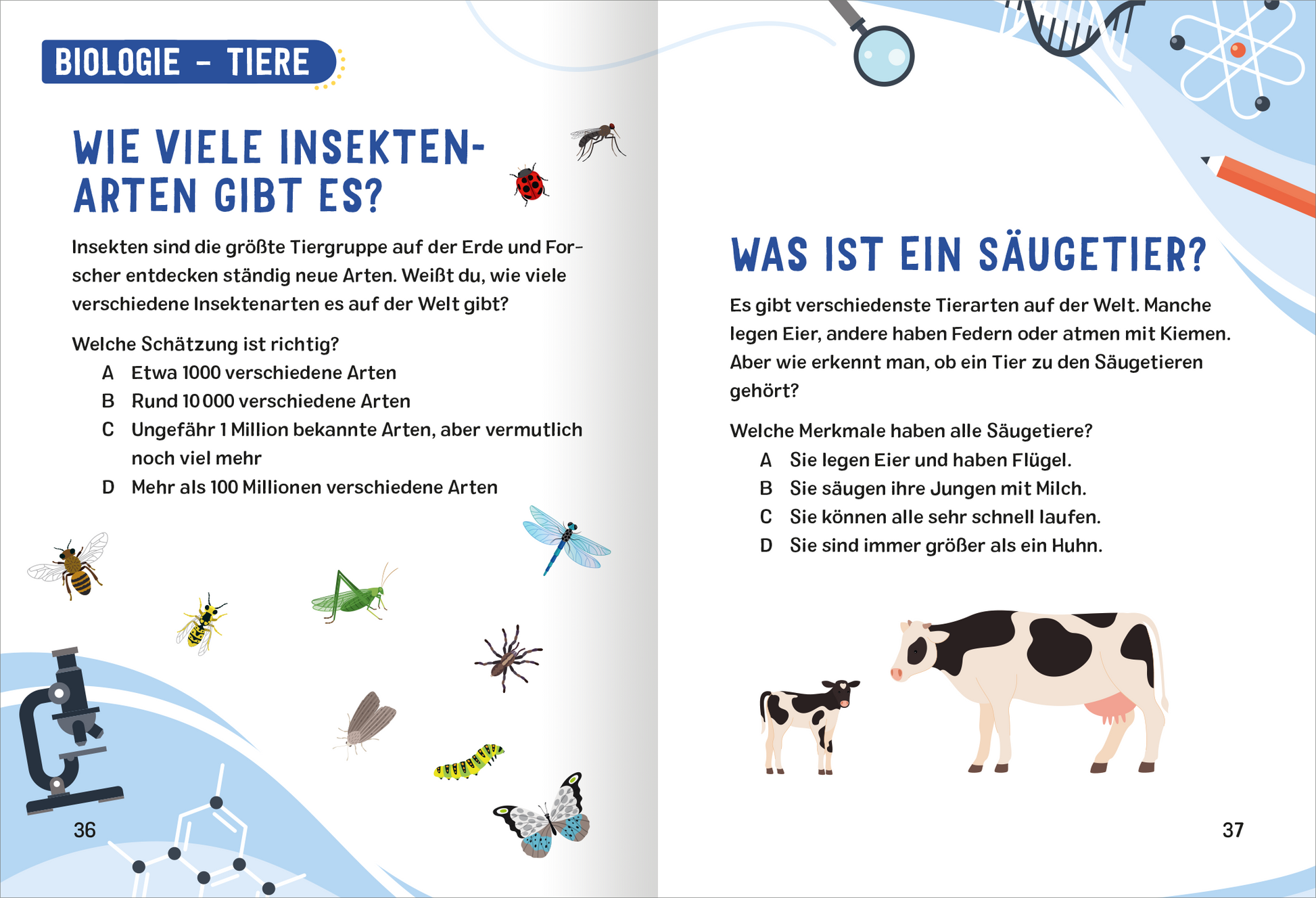 Gezeigt wird eine Innen- oder Zusatzansicht von „Science und Kids – Naturwissenschafts-Rätsel“. Die Doppelseite enthält Fragen zur Biologie von Tieren und Insekten. Links wird die Frage „Wie viele Insektenarten gibt es?“ präsentiert, umgeben von bunten Illustrationen verschiedener Insekten. Rechts lautet die Frage „Was ist ein Säugetier?“, ergänzt durch eine bildliche Darstellung von einer Kuh. Die Verwendung von klaren, bunten Farben und moderner Sans-Serif-Typografie sorgt...
