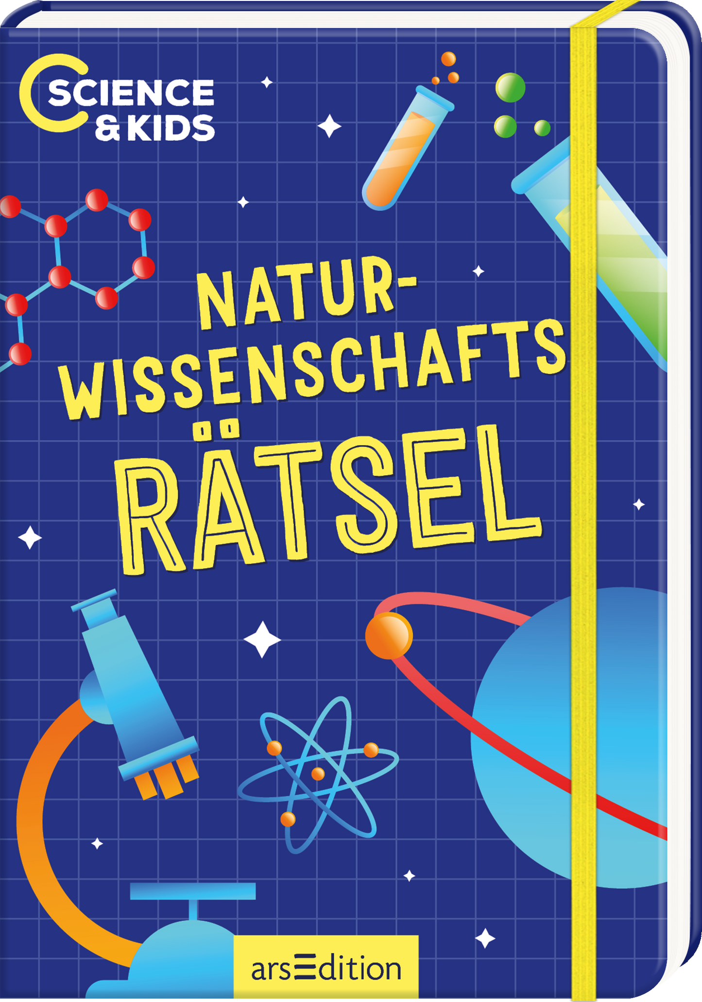 Das Buchcover zeigt einen blauen Hintergrund mit einem gepunkteten Muster, das an ein wissenschaftliches Labor erinnert. Farbige Illustrationen von Experimenten, wie Reagenzgläser und ein Mikroskop, sind prominent platziert. Der Titel „NATUR-WISSENSCHAFTS-RÄTSEL“ hebt sich in leuchtendem Gelb und in einer verspielten Schriftart ab. Oben links ist das Logo „SCIENCE & KIDS“ zu sehen. Ganz unten mittig steht der Logoschriftzug von arsEdition.