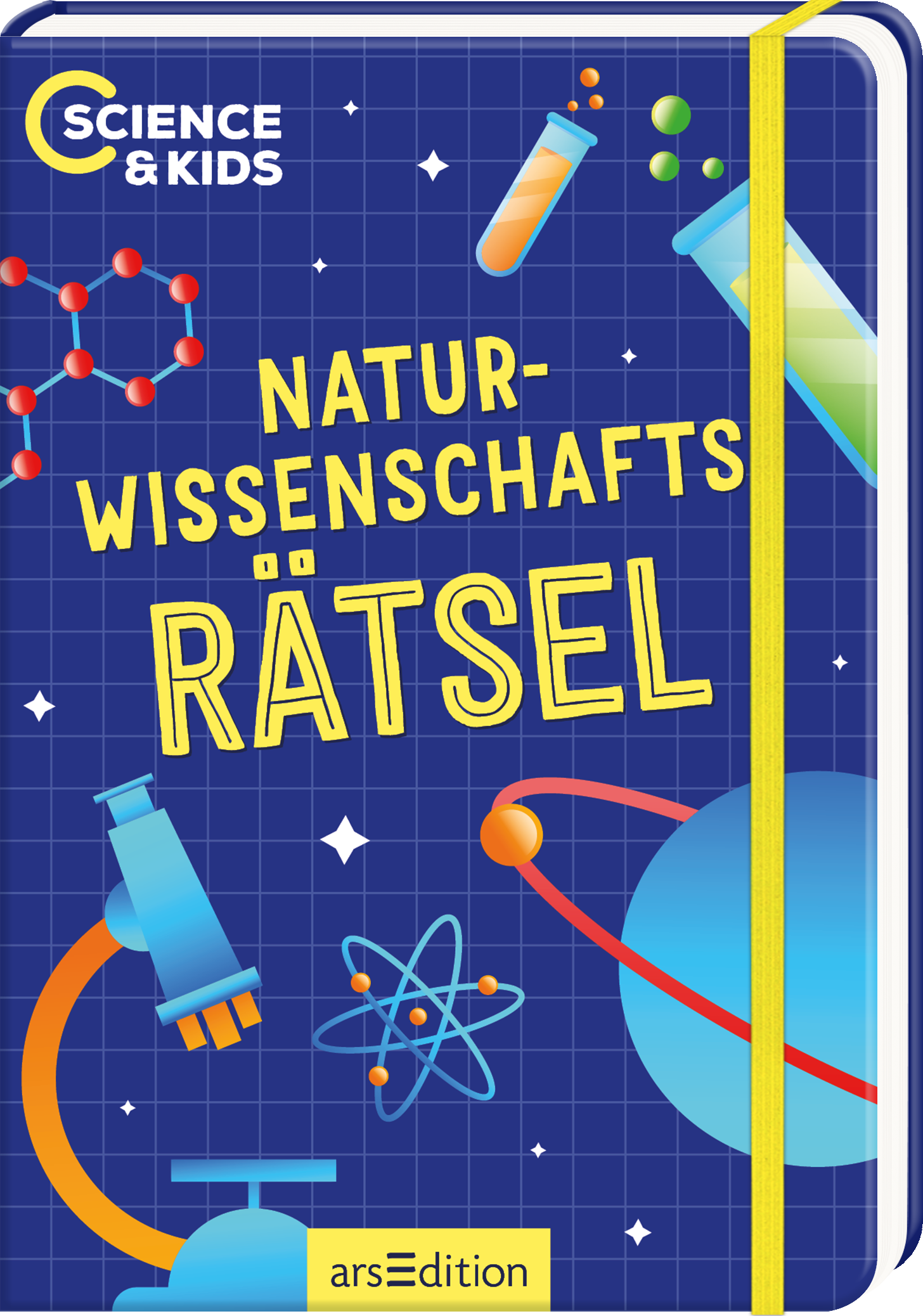 Das Buchcover zeigt einen blauen Hintergrund mit einem gepunkteten Muster, das an ein wissenschaftliches Labor erinnert. Farbige Illustrationen von Experimenten, wie Reagenzgläser und ein Mikroskop, sind prominent platziert. Der Titel „NATUR-WISSENSCHAFTS-RÄTSEL“ hebt sich in leuchtendem Gelb und in einer verspielten Schriftart ab. Oben links ist das Logo „SCIENCE & KIDS“ zu sehen. Ganz unten mittig steht der Logoschriftzug von arsEdition.
