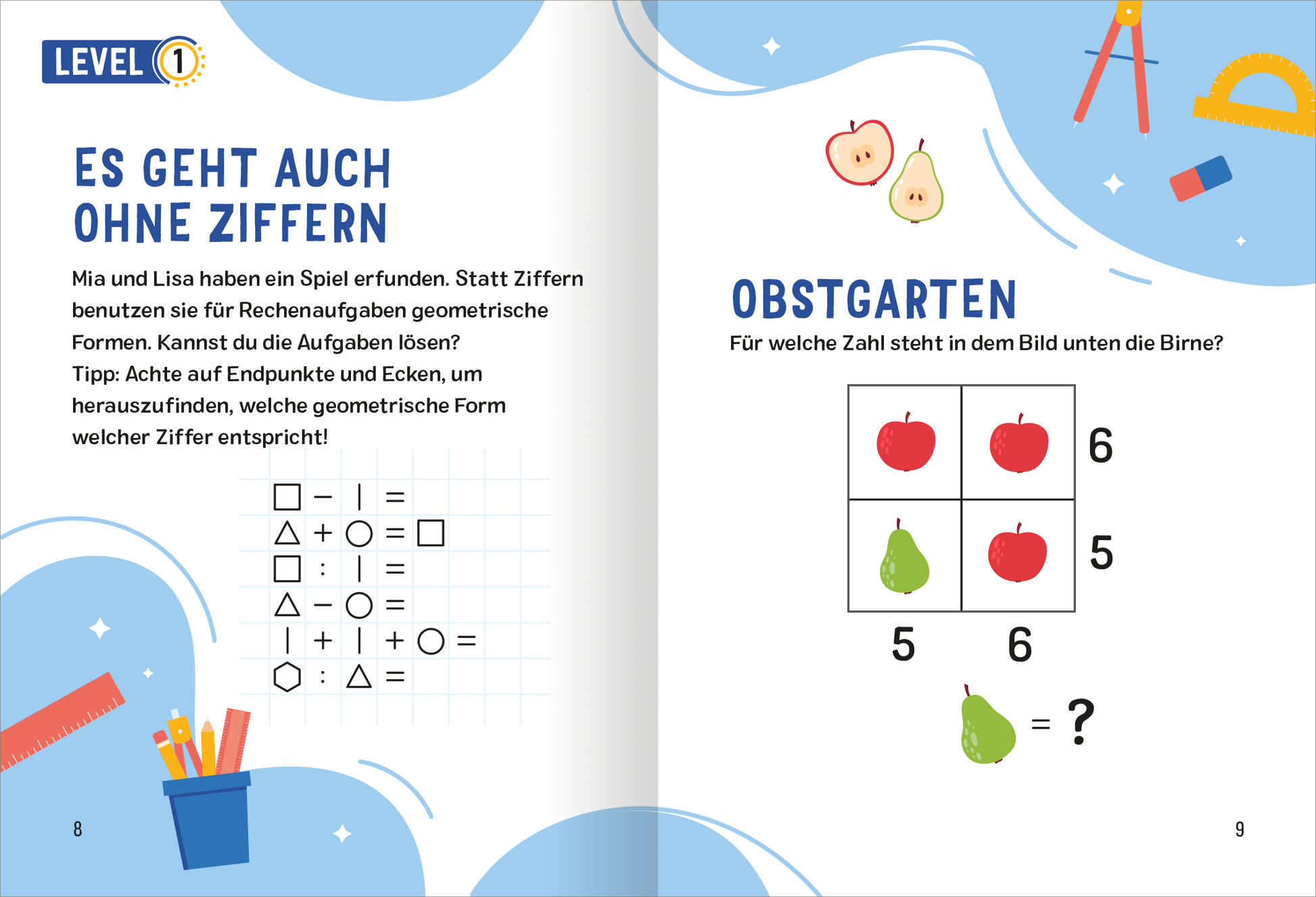 Gezeigt wird eine Innen- oder Zusatzansicht von „Science und Kids – Mathe-Rätsel“. Die Seite ist in hellen Farben, vorwiegend Blau und Gelb, gestaltet. Links sind geometrische Formen und einfache Rechenoperationen abgebildet. Rechts ist ein ansprechendes Bild eines Obstgartens mit Apfel- und Birnenabbildungen sowie einer Aufgabenstellung. Die Schrift ist freundlich und gut lesbar, mit hervorgehobenen Überschriften in großen Buchstaben. Illustrationen sind spielerisch und ansprechend.