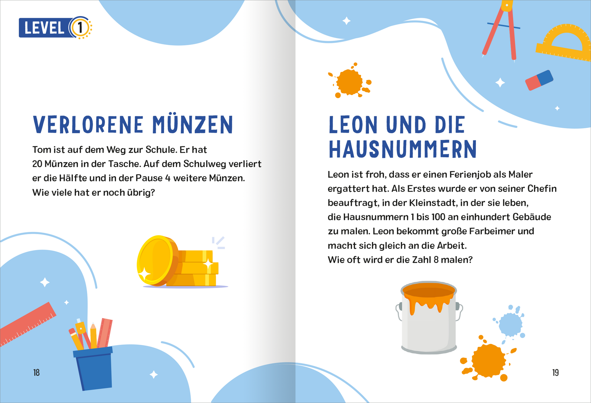 Gezeigt wird eine Innenansicht von „Science und Kids – Mathe-Rätsel“. Auf der linken Seite steht der Titel „Verlorene Münzen“ in blauer, markanter Schrift. Darunter befindet sich ein Textblock, der in klarer, lesbarer Typografie gehalten ist. Rechts steht „Leon und die Hausnummern“ ebenfalls in blauer Schrift, begleitet von Illustrationen von Münzen und Farbtöpfen in bunten Farben wie Gelb und Orange. Der Hintergrund ist hell mit sanften, abstrakten Formen, die eine...